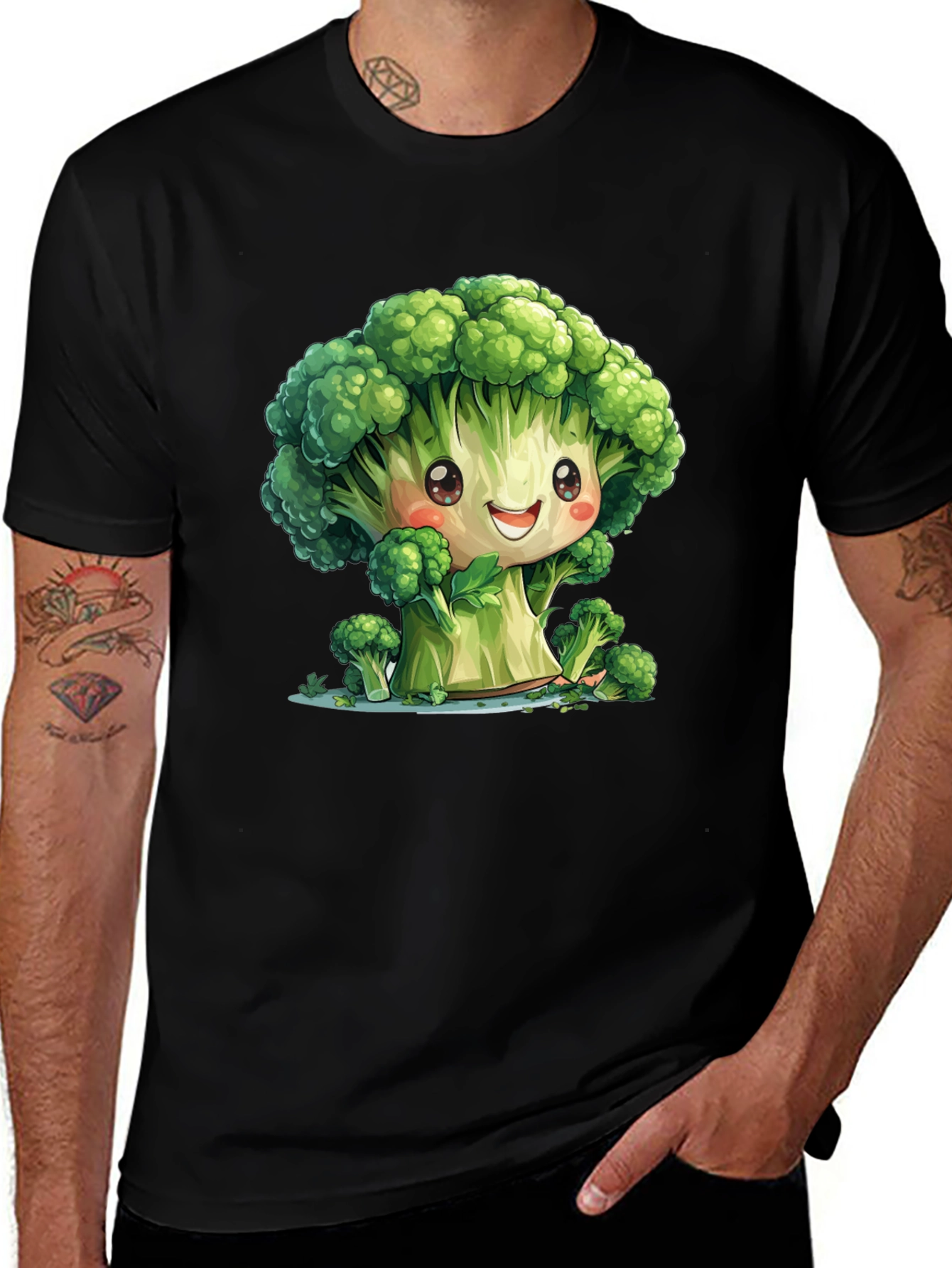 Variant 7 of Cute Broccoli Cartoon Black T-Shirt