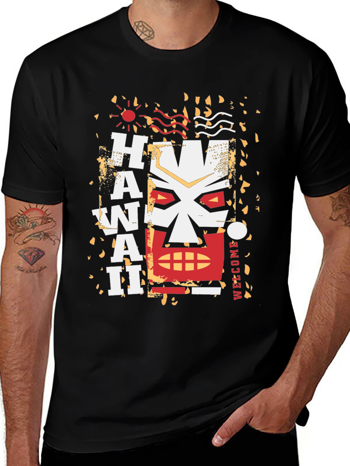 Hawaii Tiki Graphic Print Crew Neck T-Shirt