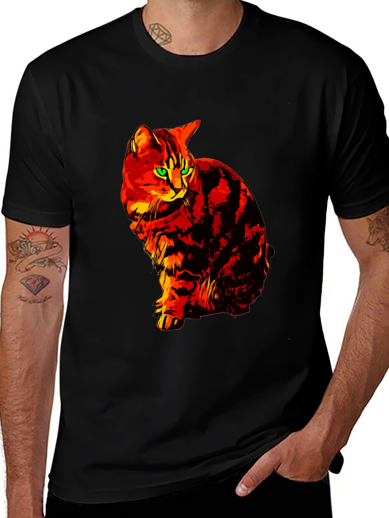 Variant 22 of Fiery Cat Graphic Tee - Black Cotton T-Shirt
