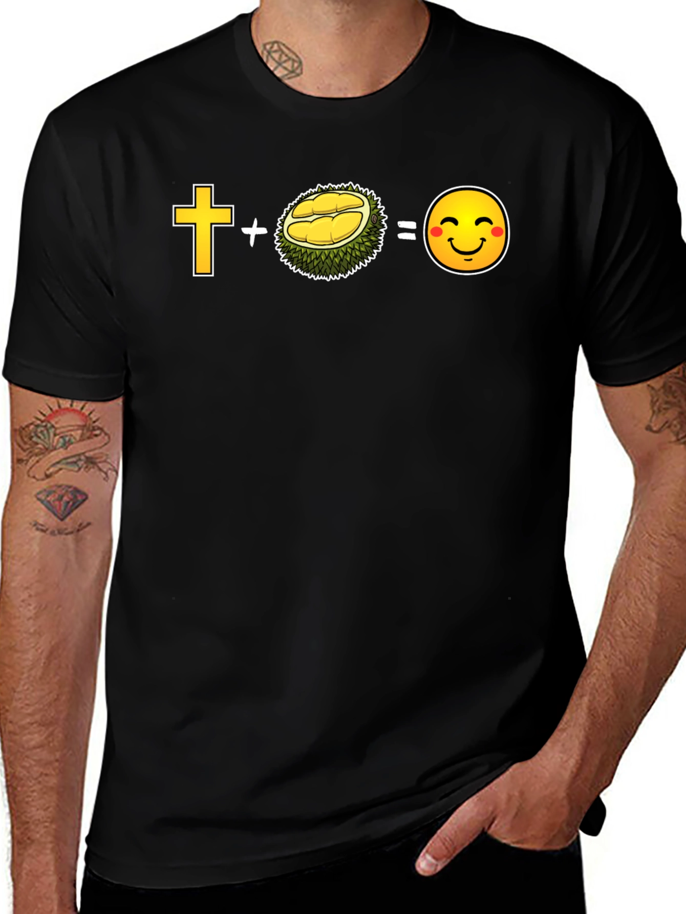 Variant 28 of Cross Plus Durian Equals Smiley Face Black T-Shirt