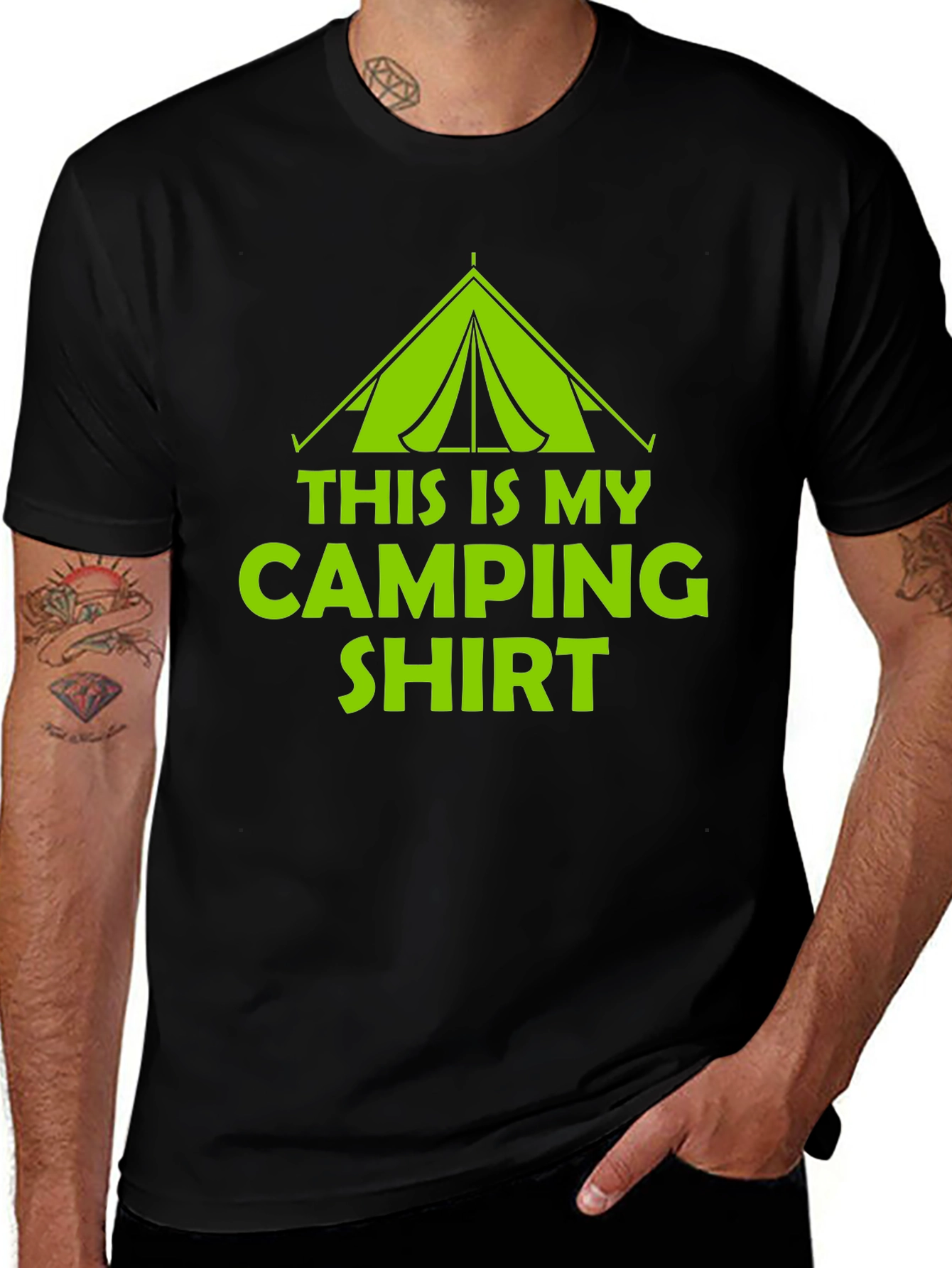 Variant 29 of Camping Shirt - Black Tee, Green Tent Design