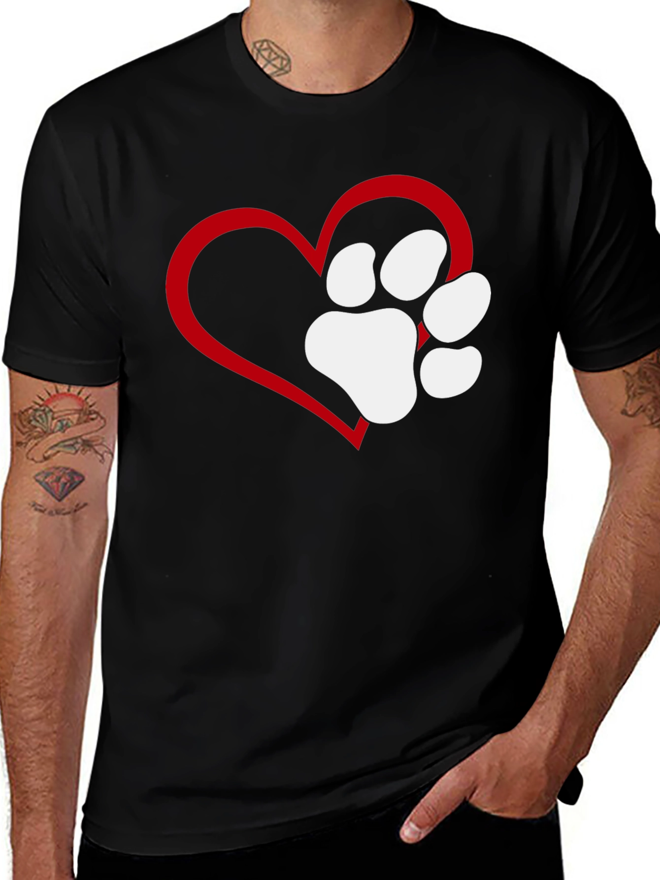 Heart Paw Print T-Shirt - Black, Casual