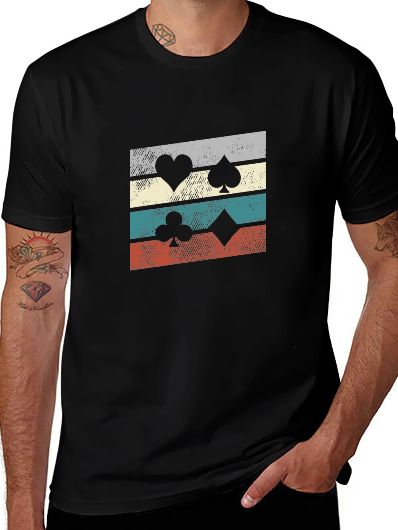 Retro Poker Suit Graphic Tee - Black Cotton T-Shirt