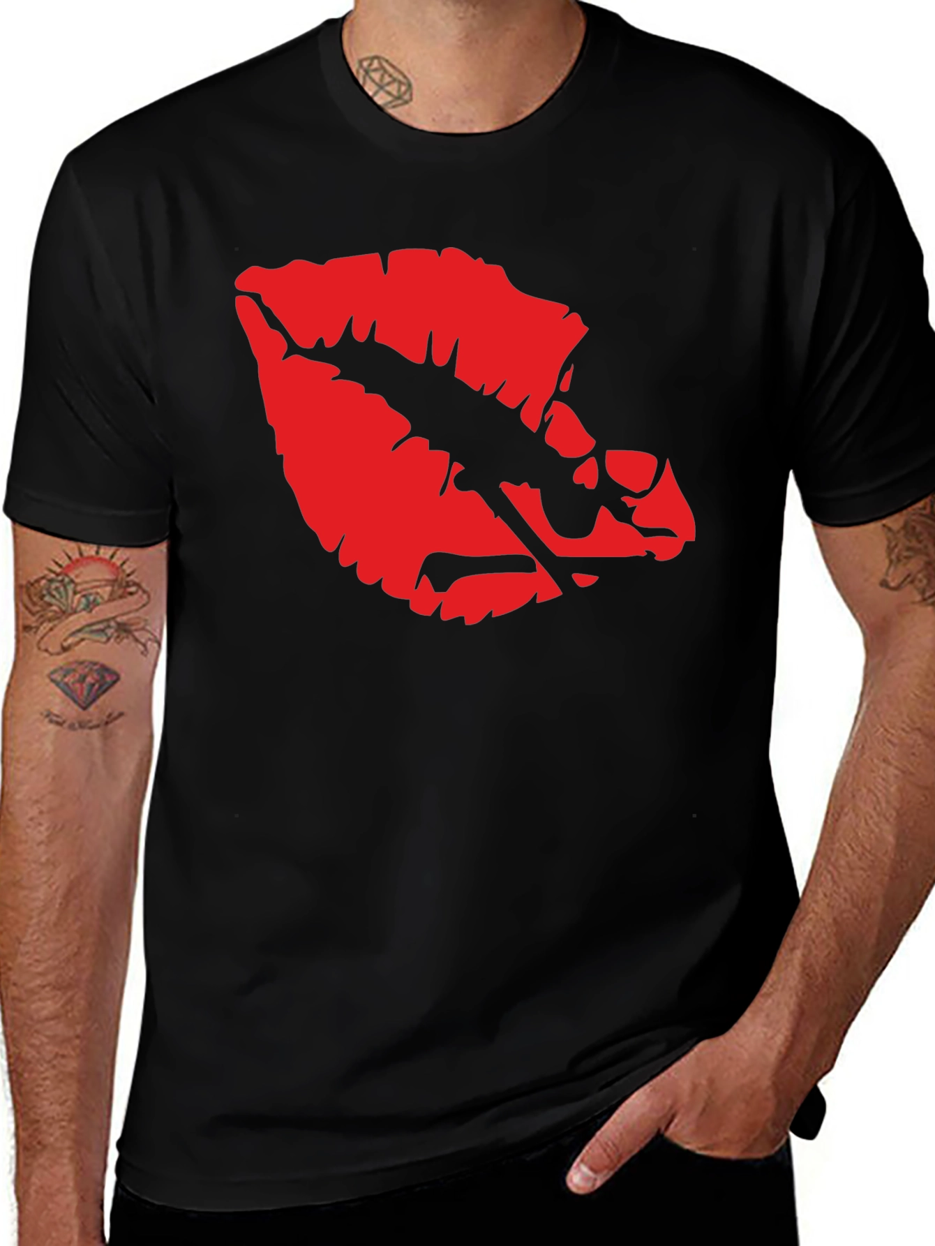 Variant 11 of Red Lips & Bones Graphic Tee - Black Cotton T-Shirt