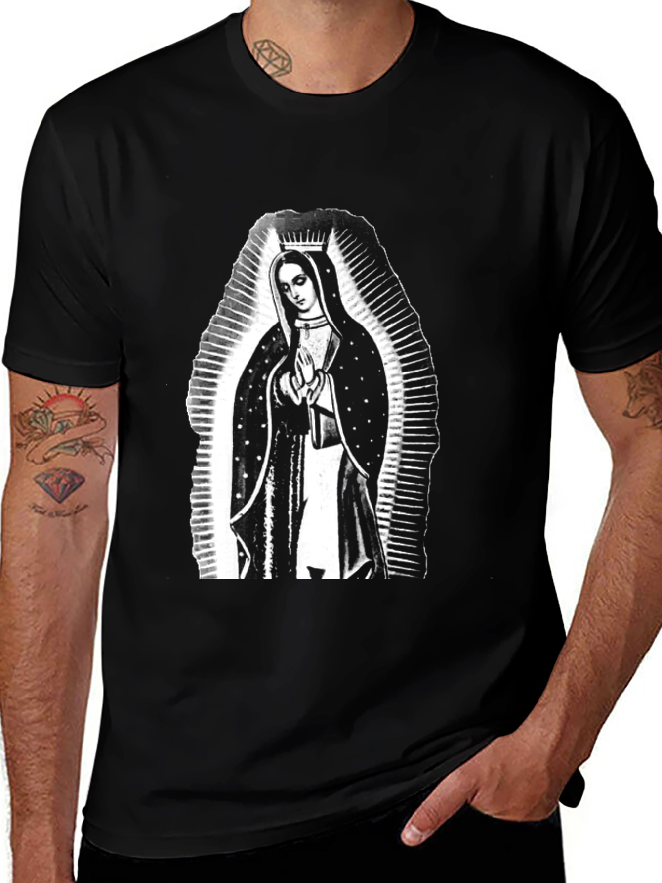 Virgin Mary Graphic Tee - Black Cotton T-Shirt