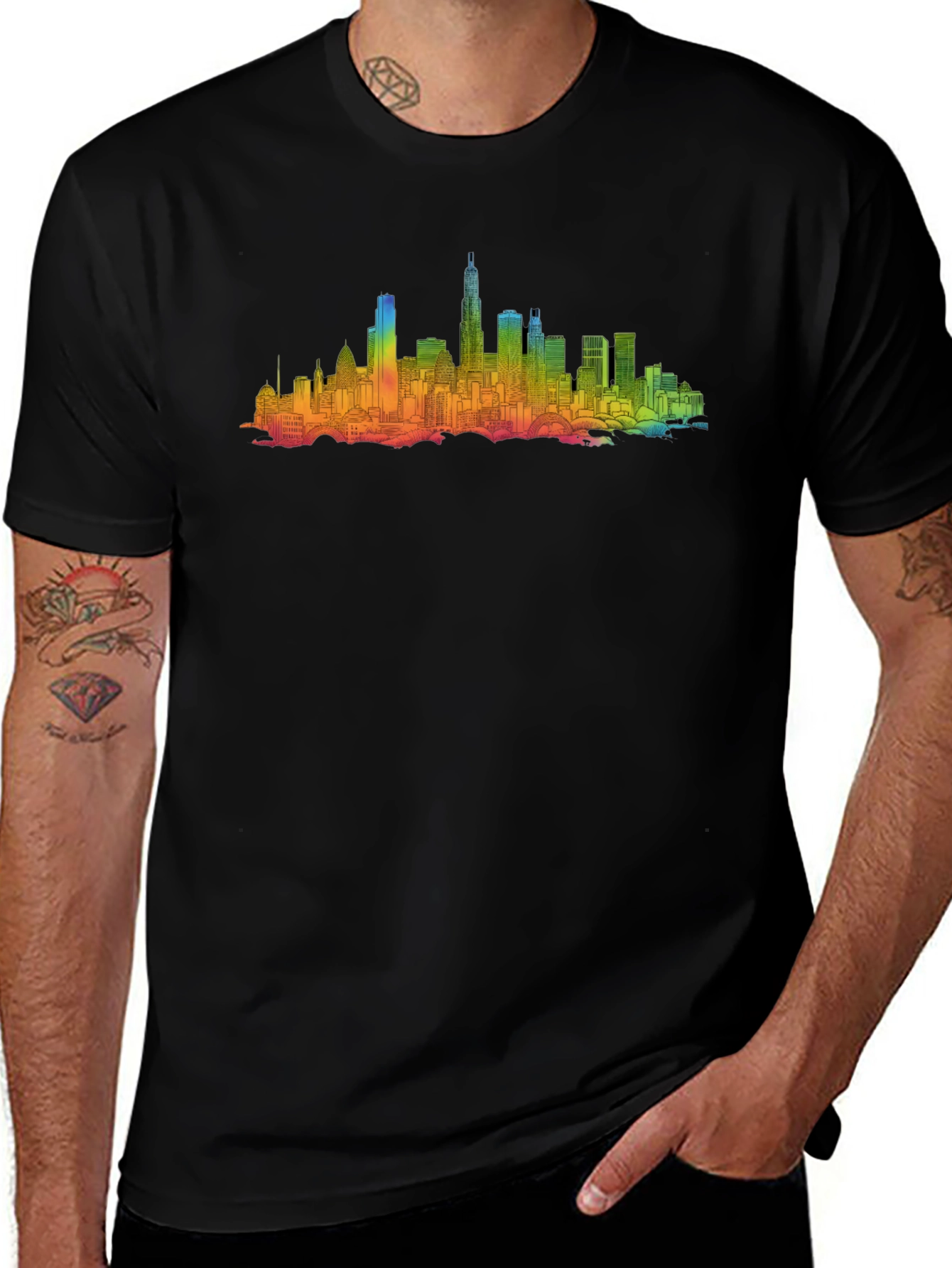 Variant 2 of Rainbow Cityscape Graphic Tee - Black Cotton Blend