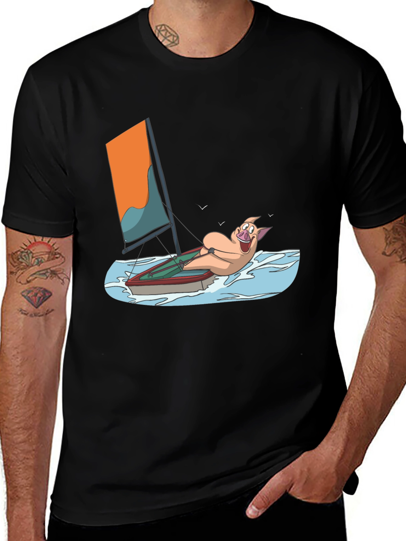 Variant 3 of Funny Pig Sailing T-Shirt - Black Cotton Tee