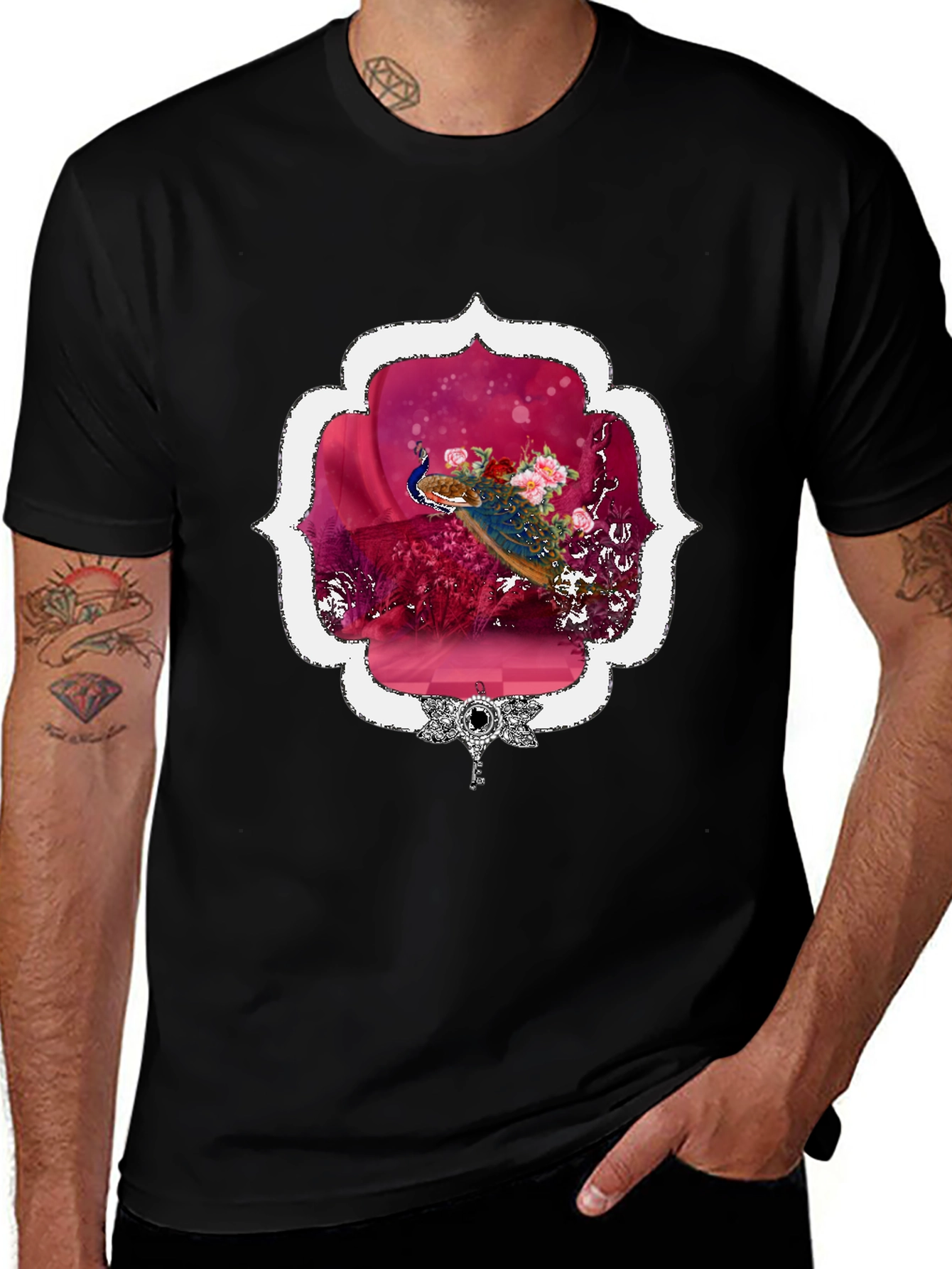 Black Floral Peacock Graphic Tee - Stylish & Unique main image