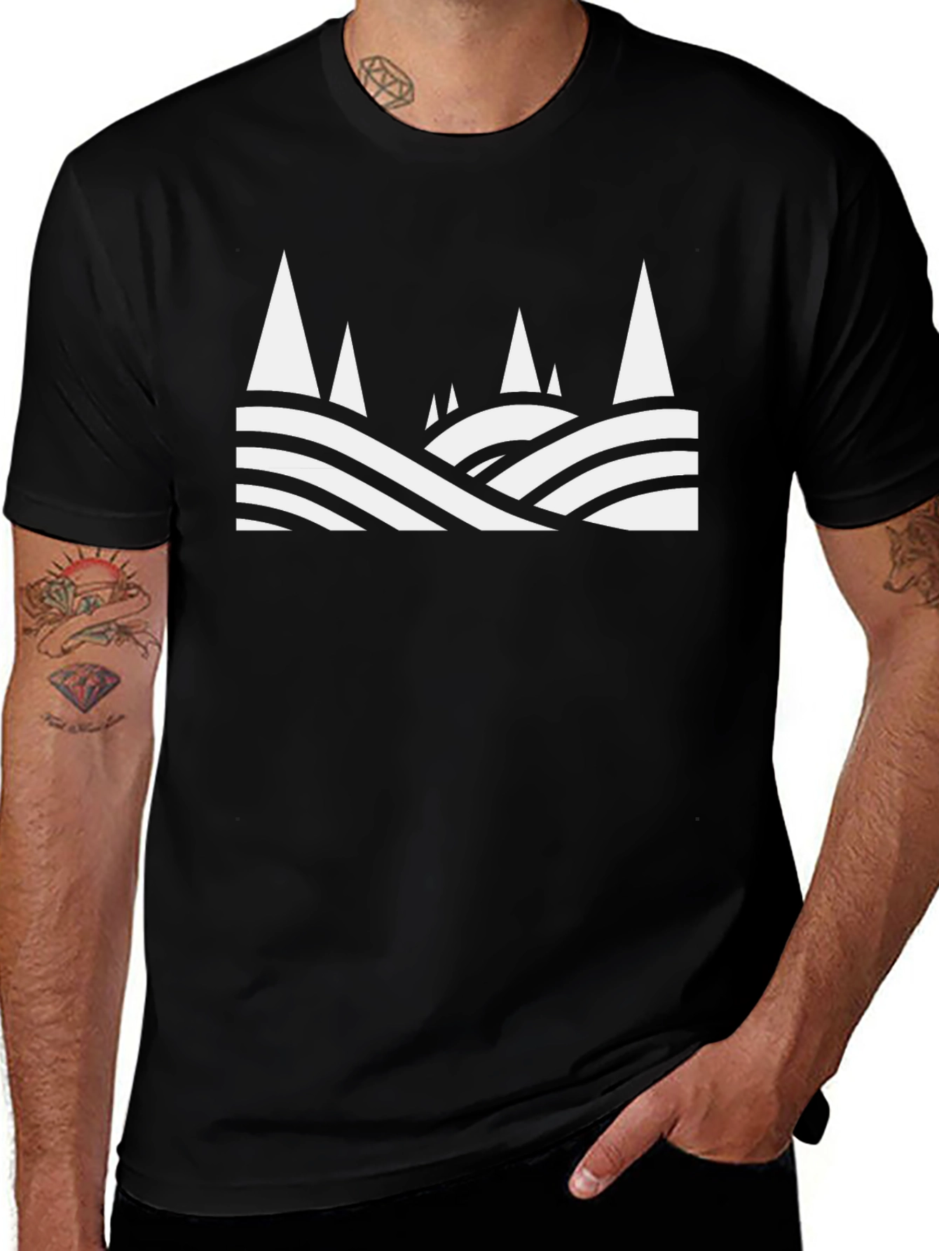 Variant 9 of Abstract Mountain Scene Graphic Tee - Black Cotton T-Shirt