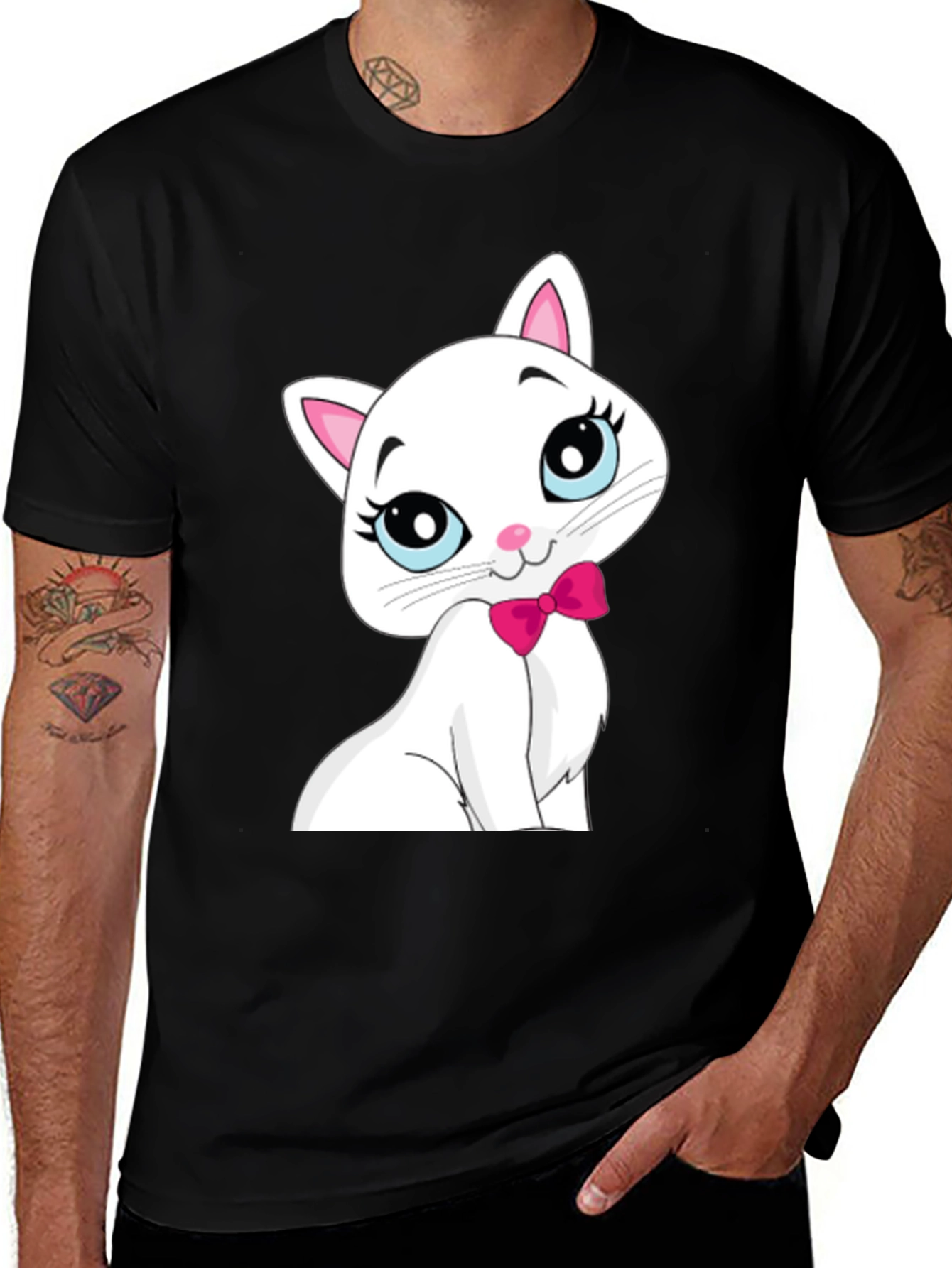 Black Cute White Cat T-Shirt main image