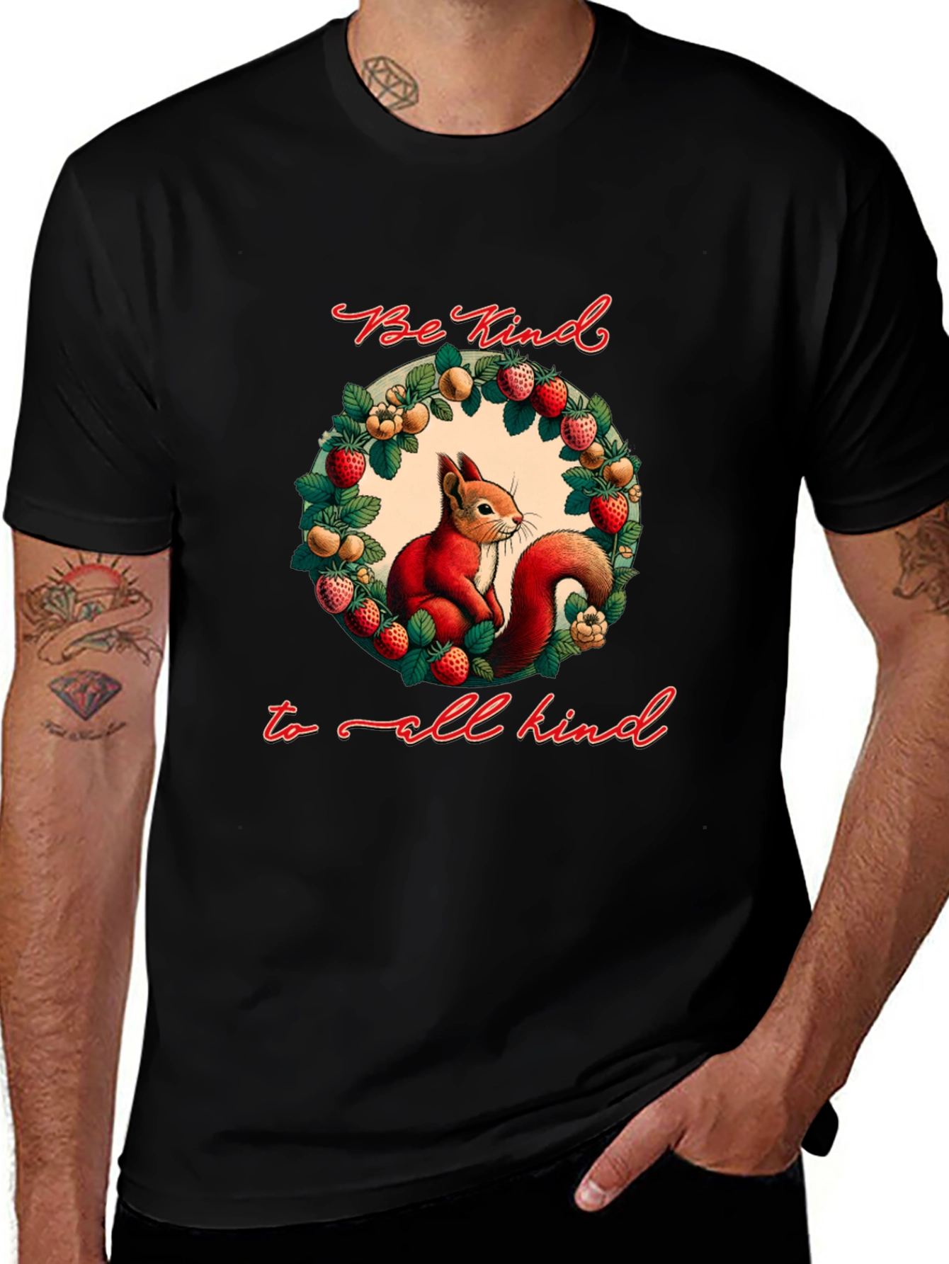 Variant 8 of Be Kind T-Shirt with Squirrel and Floral Wreath