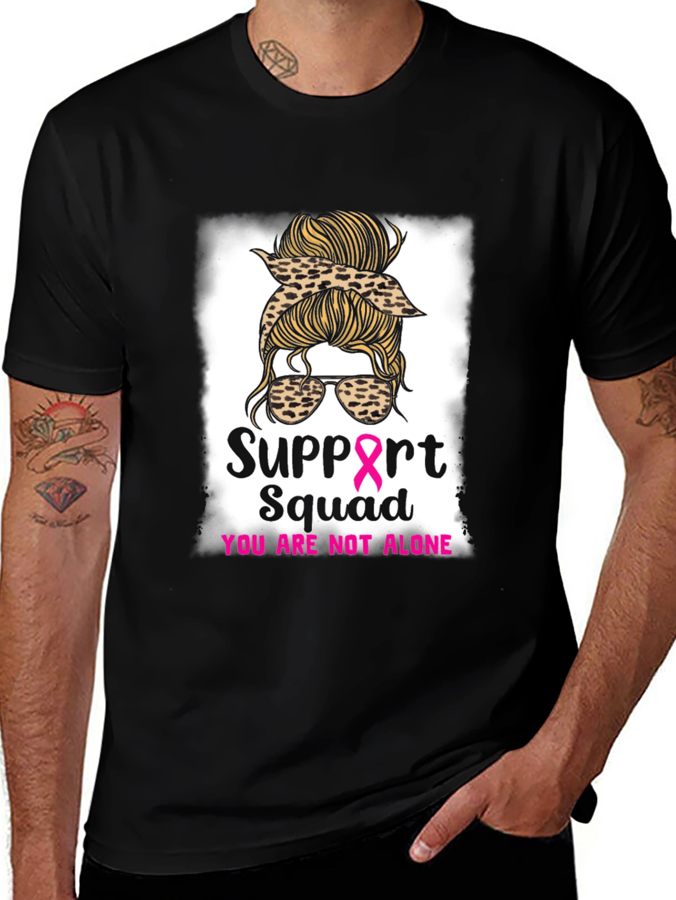 Black Support Squad Messy Bun Breast Cancer Awareness T-Shirt main image