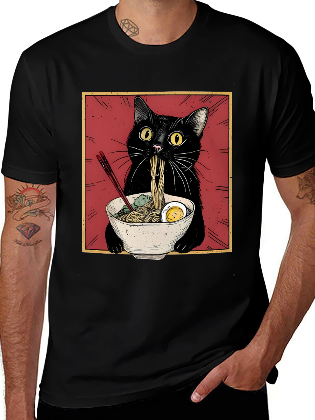 Variant 10 of Ramen Cat Graphic Tee - Unisex Black T-Shirt