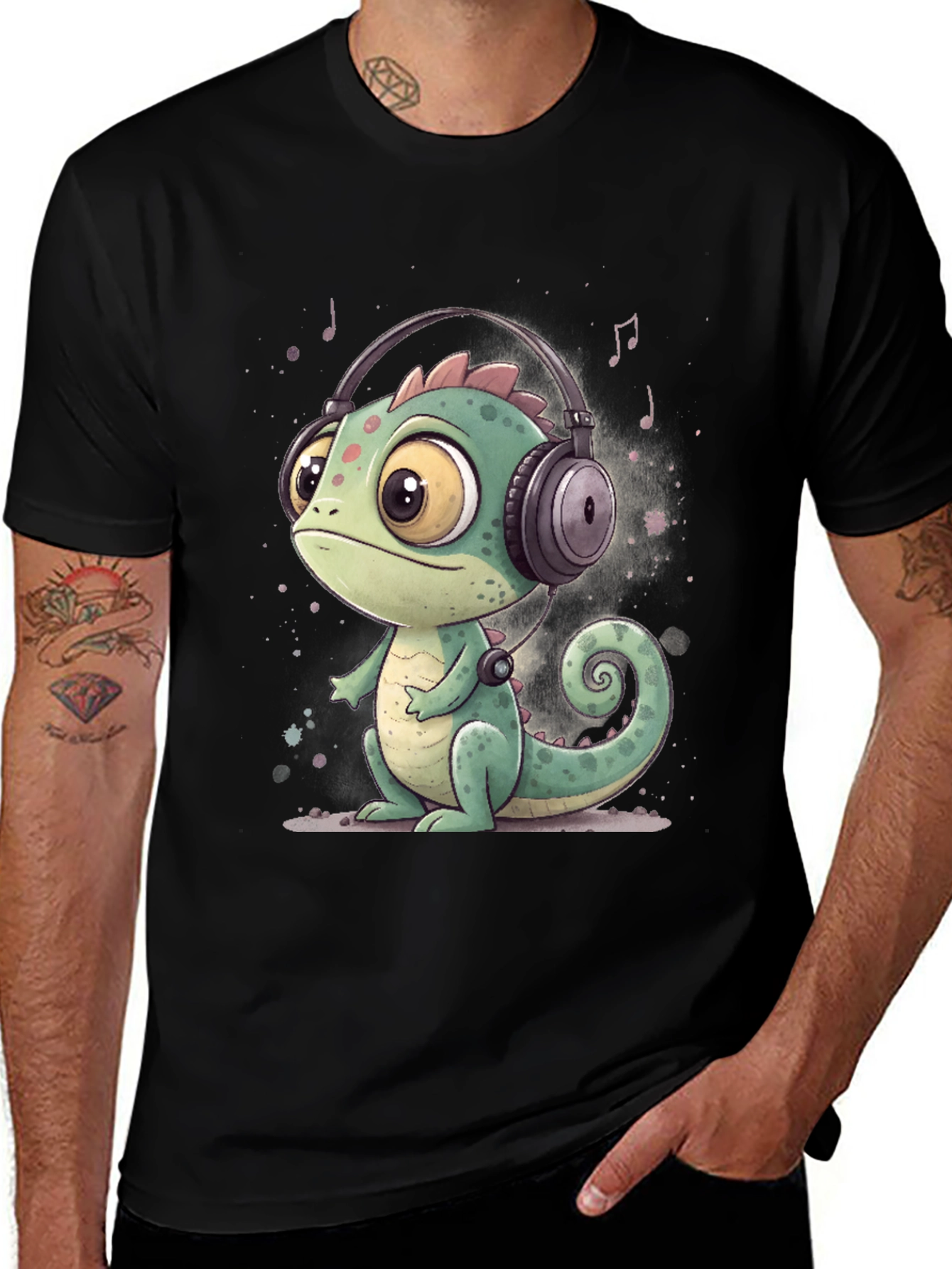 Variant 4 of Cartoon Chameleon T-Shirt with Headphones