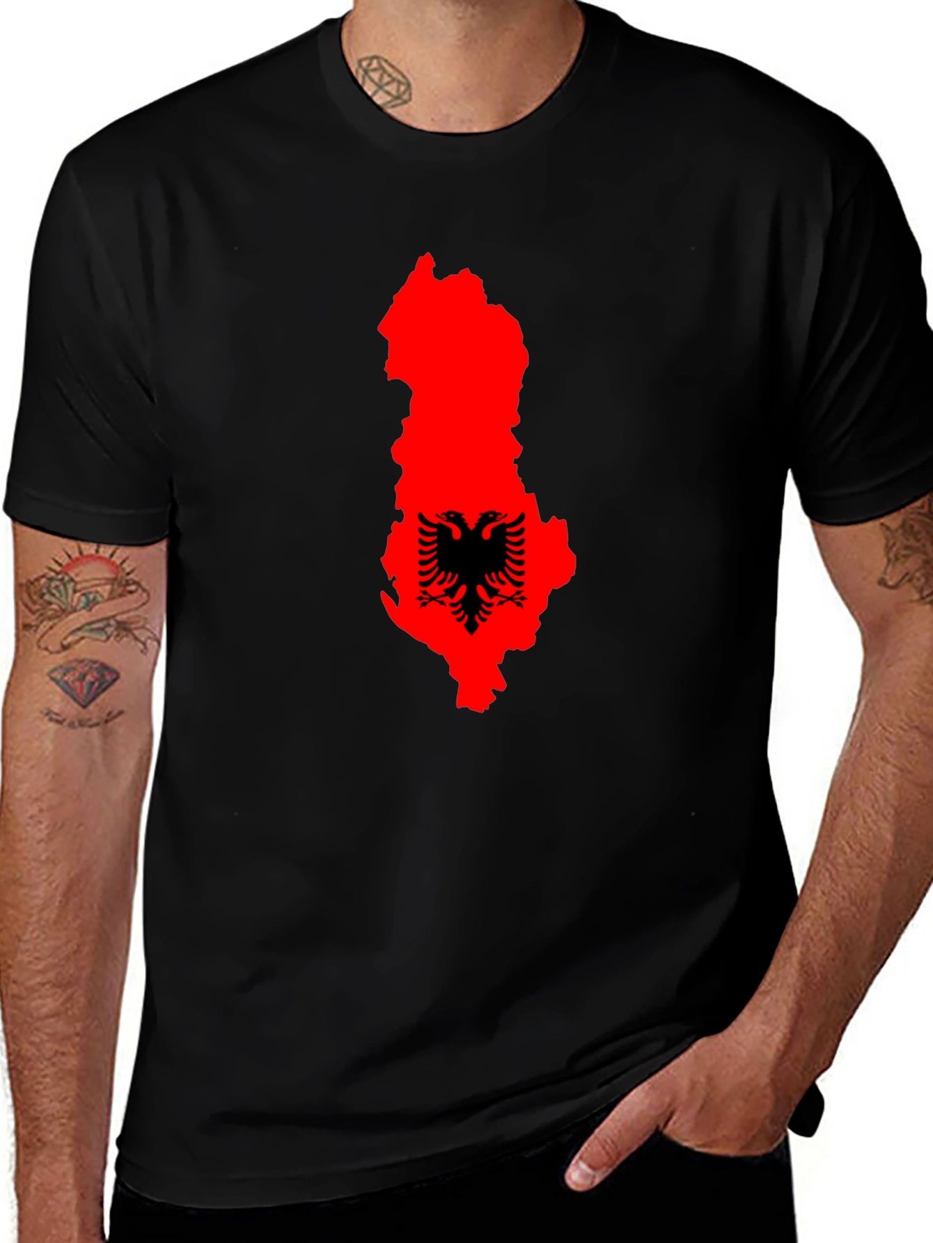 Albania Flag Graphic Tee - Black Cotton T-Shirt