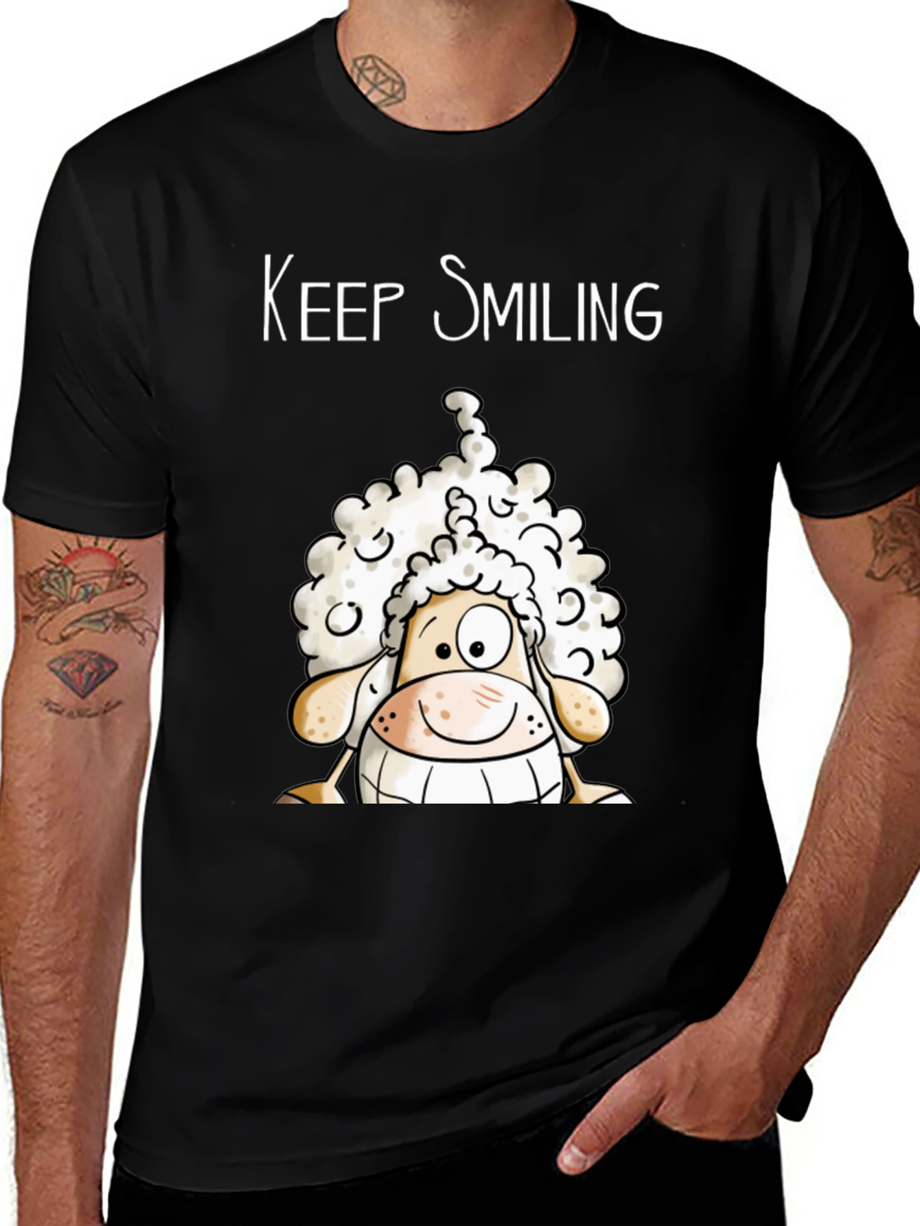 Keep Smiling Sheep T-Shirt - Black Cotton Tee