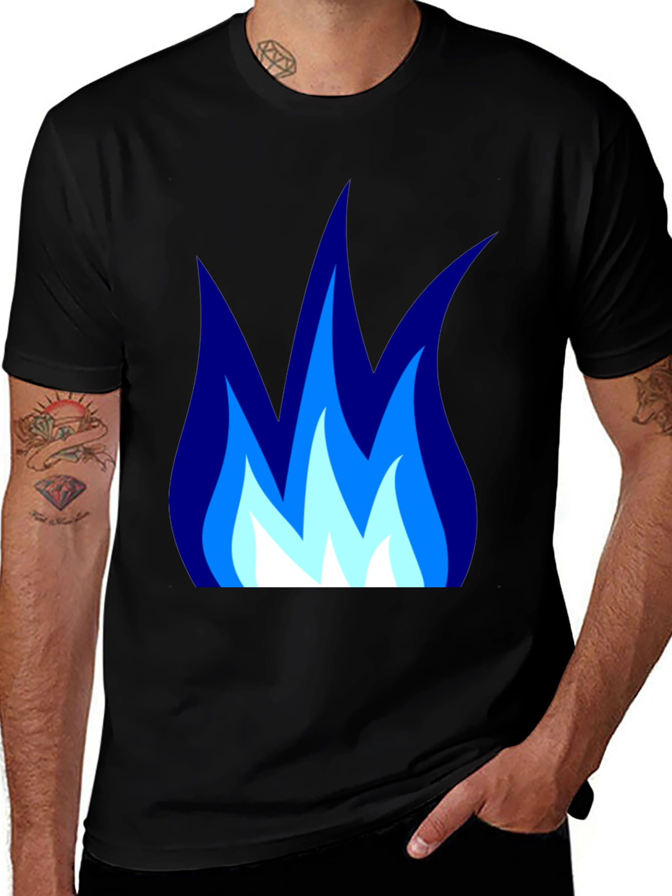 Black Blue Flame Graphic Black T-Shirt - Cool Casual Tee main image