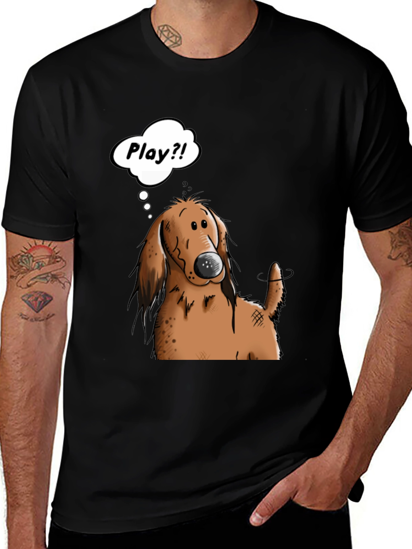 Variant 10 of Cartoon Dog "Play?!" Black T-Shirt