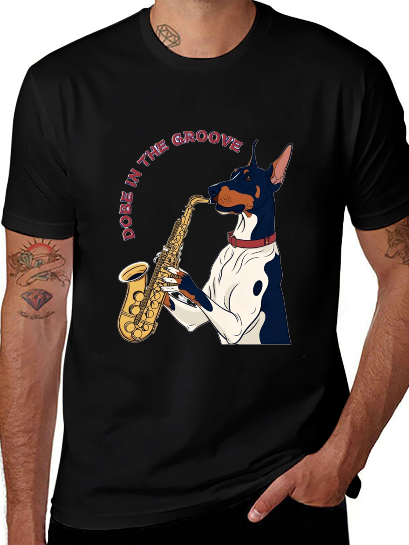 Variant 17 of Dog in the Groove T-Shirt - Saxophone Playing Doberman