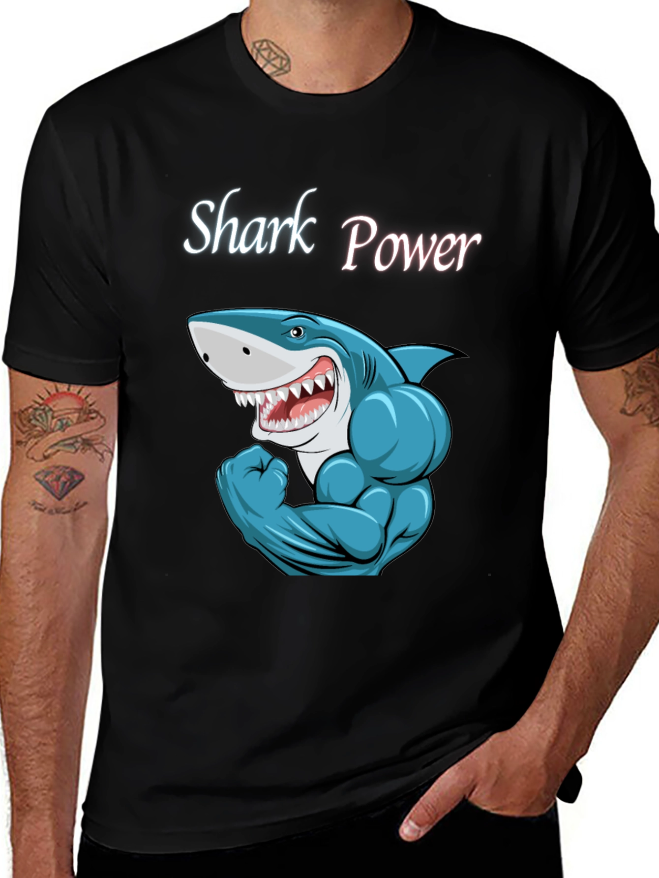 Black Shark Power Black T-Shirt - Muscular Cartoon Shark Design main image