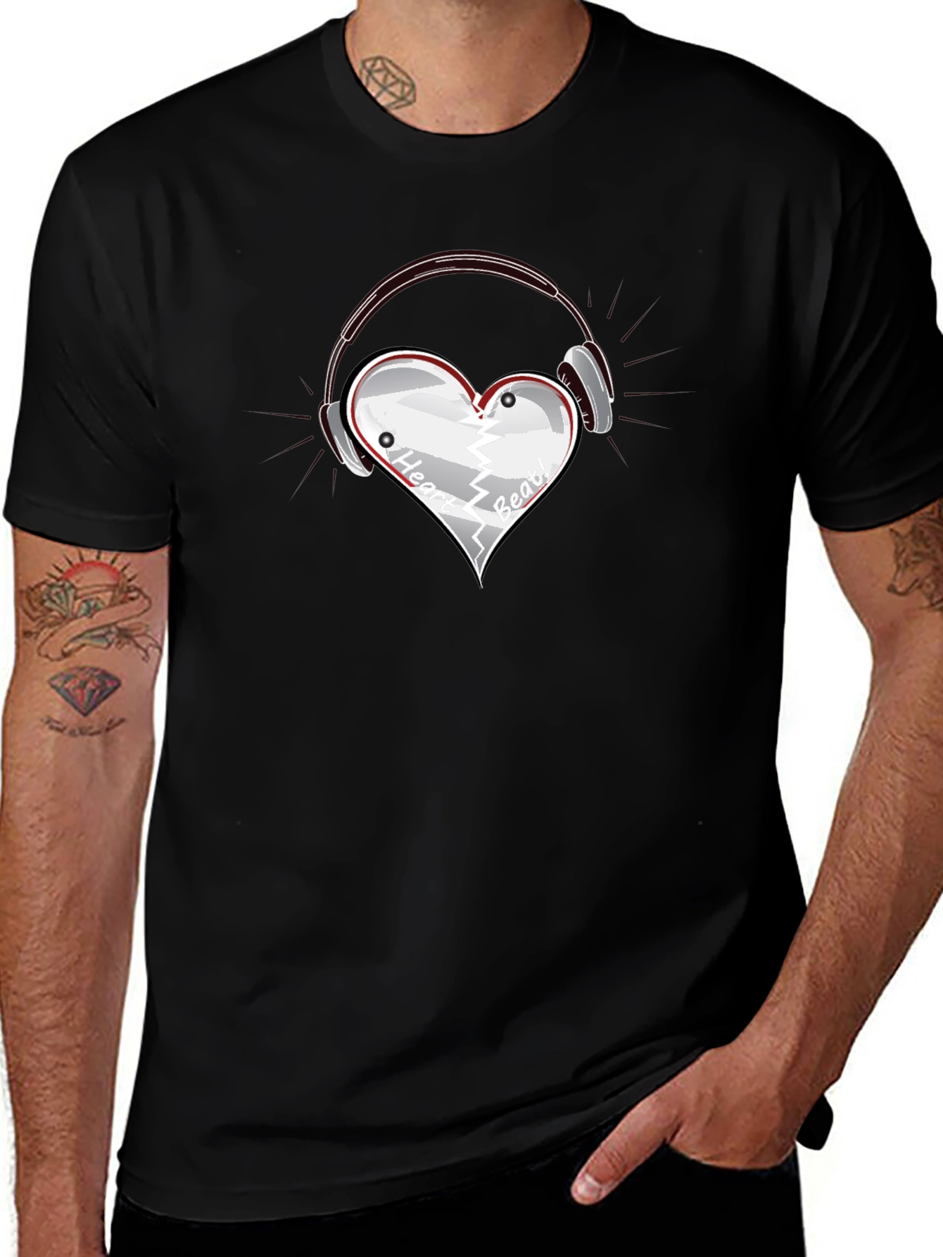 Variant 20 of Heartbeat Headphones Graphic Tee - Black Cotton Blend