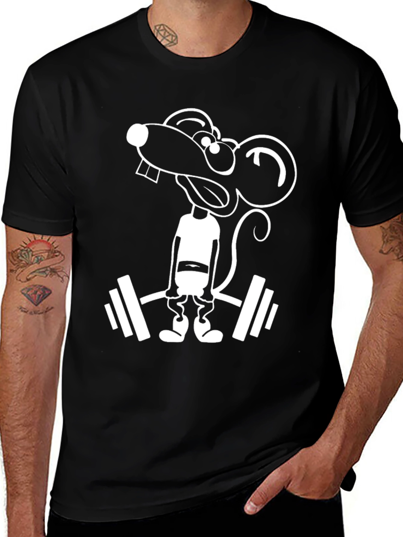 Funny Mouse Lifting Weights Black T-Shirt