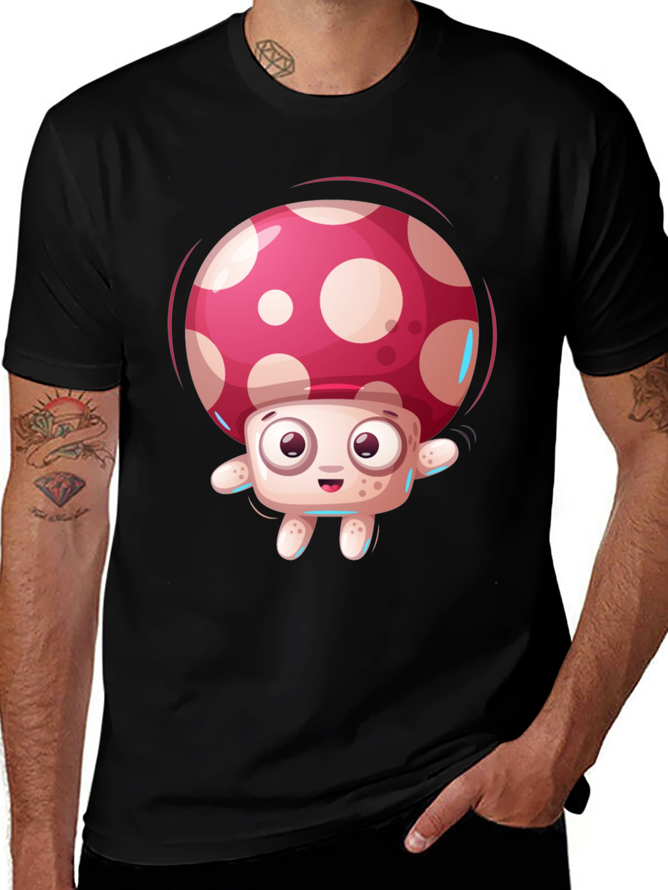 Variant 5 of Funky Mushroom Graphic Tee - Black Cotton T-Shirt
