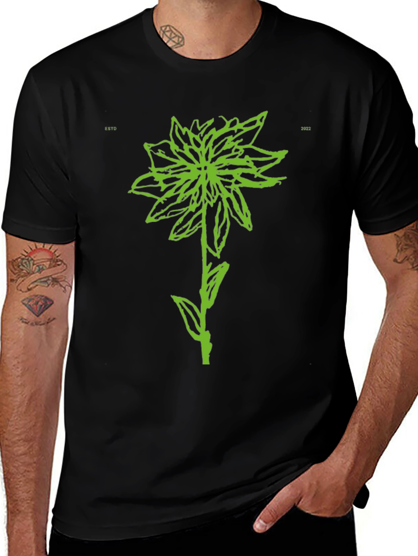Variant 25 of Green Flower Graphic Black T-Shirt