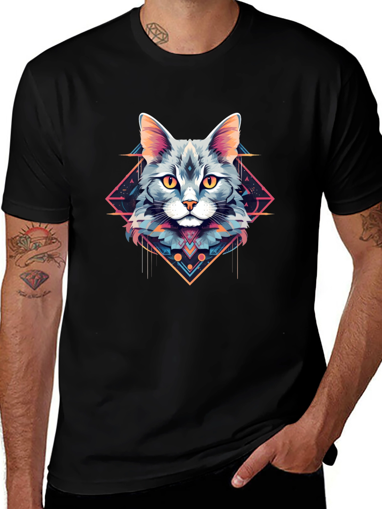 Variant 11 of Geometric Cat Graphic Tee - Stylish Men's Black T-Shirt