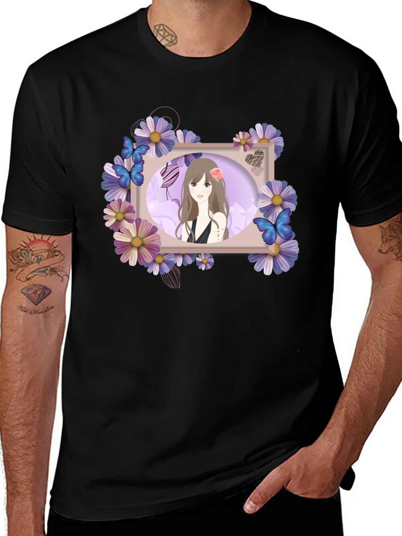 Variant 20 of Anime Girl Floral Frame Black T-Shirt