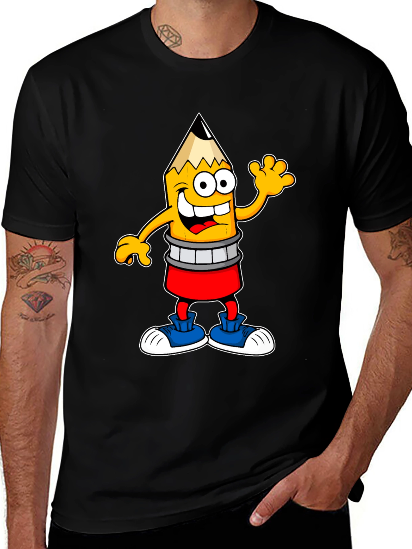 Cartoon Pencil Character Black T-Shirt