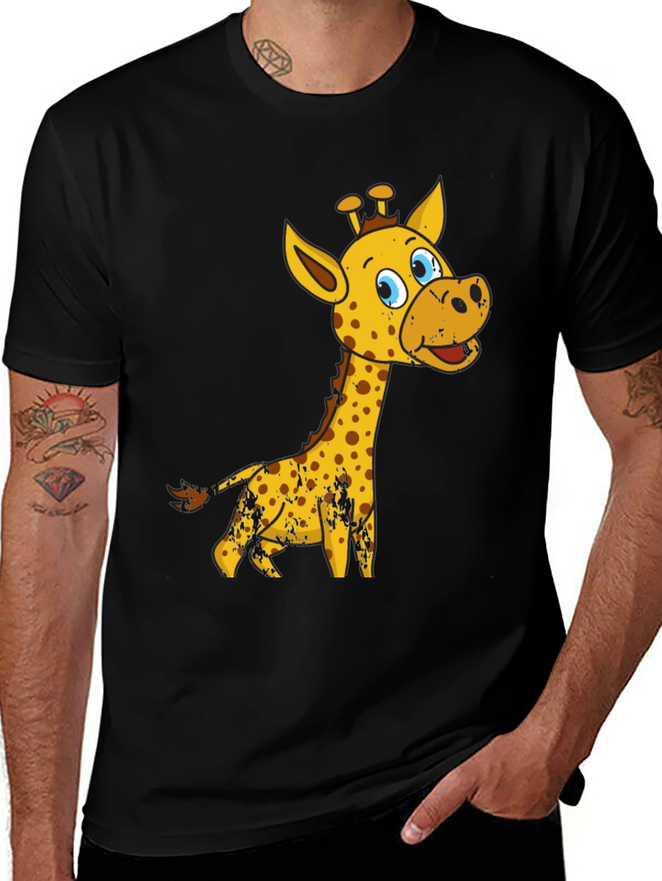 Variant 9 of Giraffe Cartoon Graphic Tee - Black Cotton Shirt