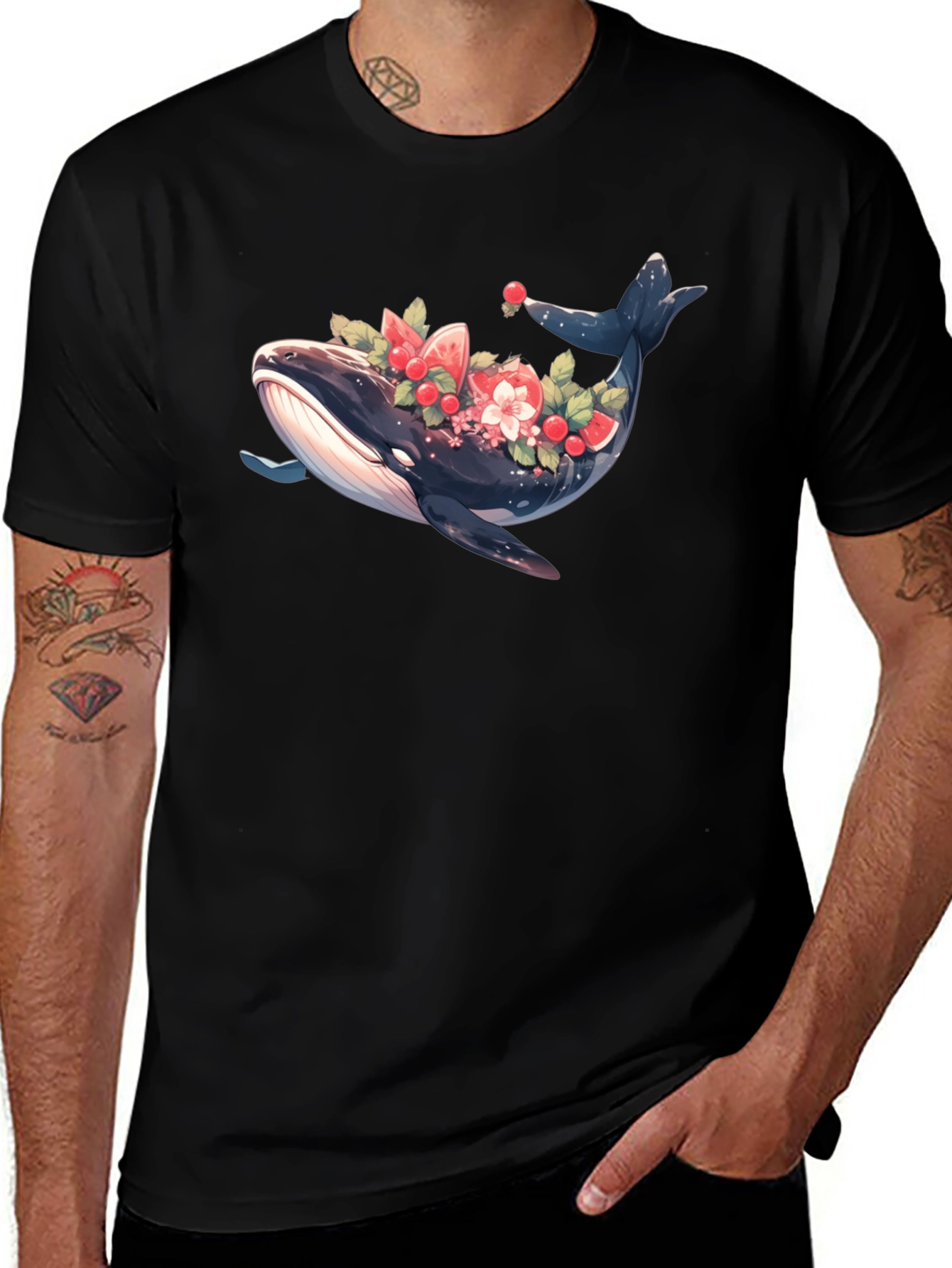 Variant 8 of Whale Floral Graphic Tee - Black Cotton T-Shirt