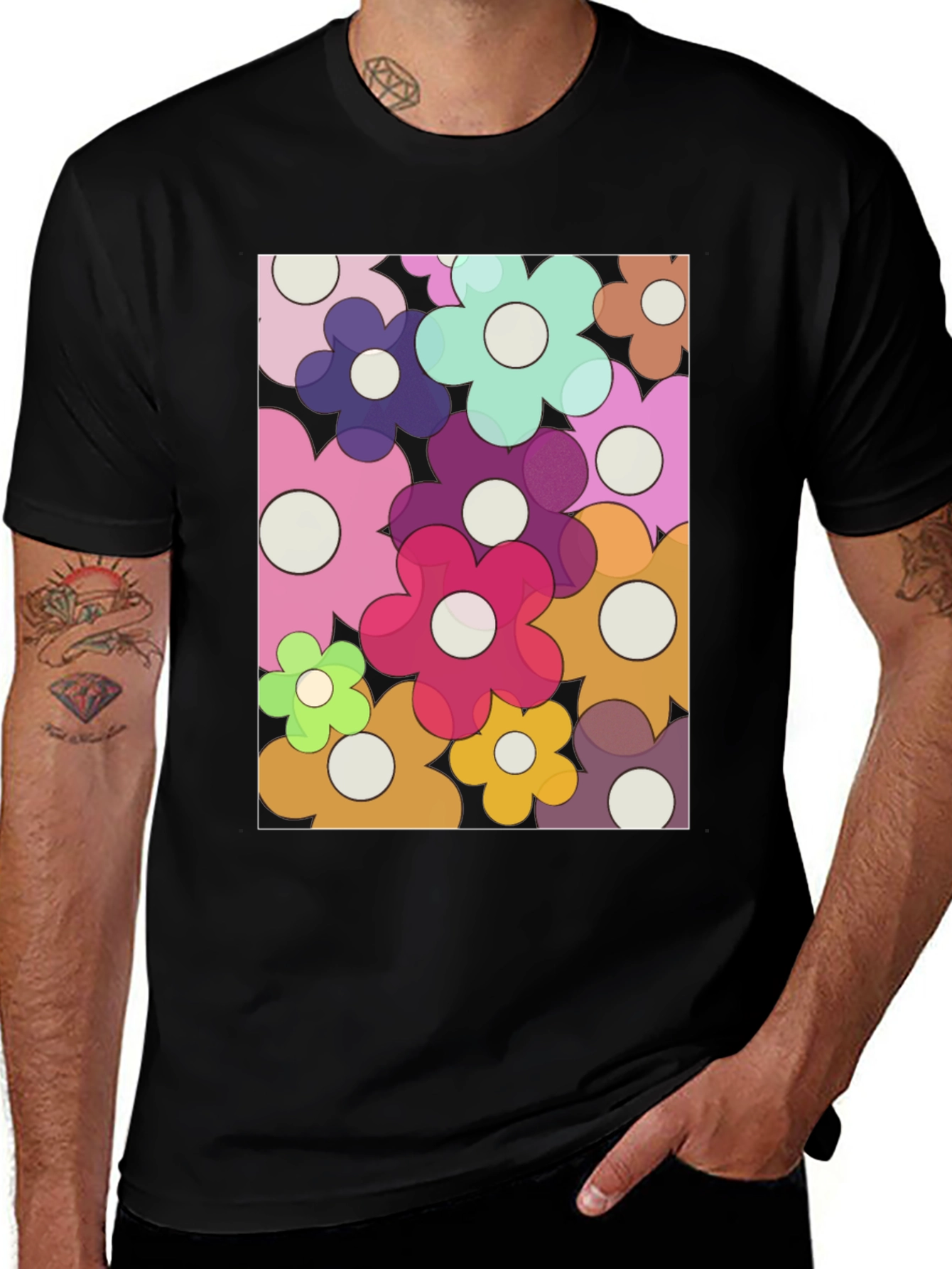 Variant 7 of Retro Flower Power Graphic Tee - Black Cotton Blend