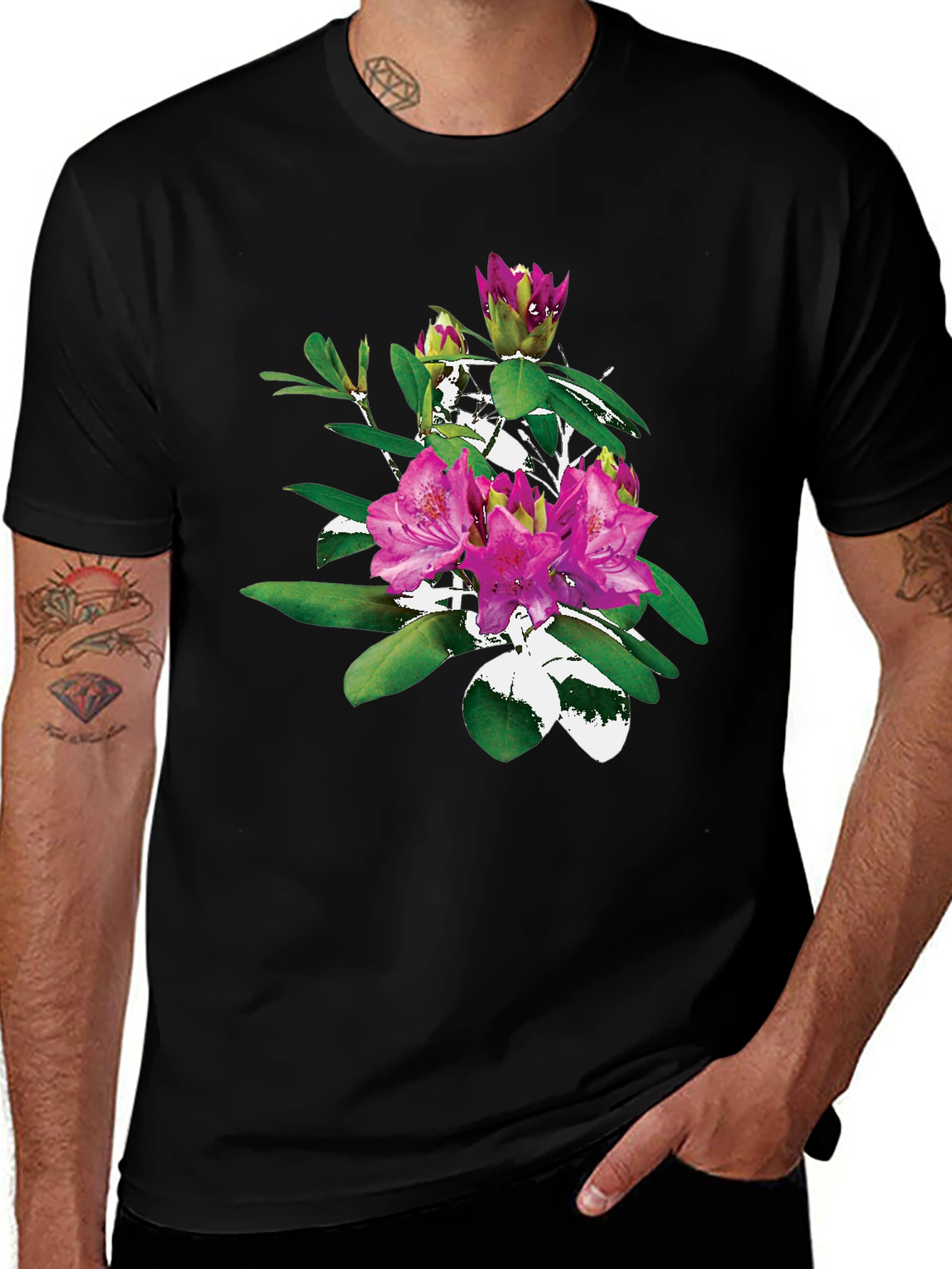 Variant 16 of Floral Print Crew Neck Tee - Black