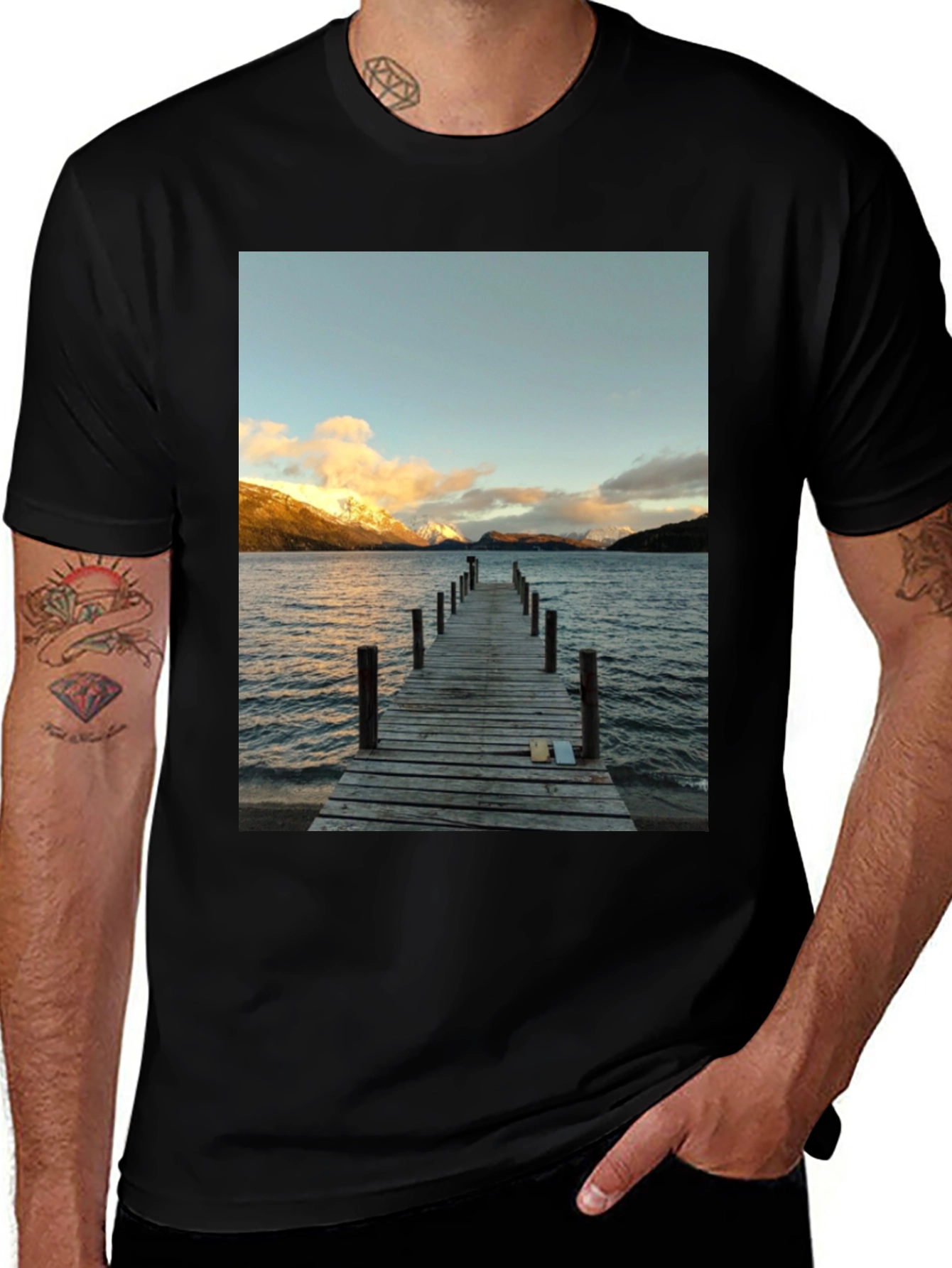 Variant 15 of Scenic Lake View Graphic Tee - Black Cotton T-Shirt