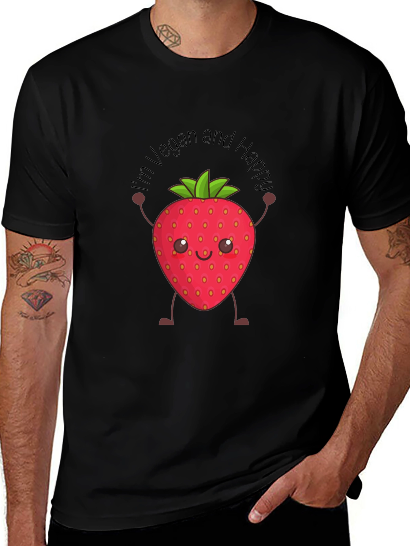 Variant 23 of Vegan Happy Strawberry T-Shirt - Black
