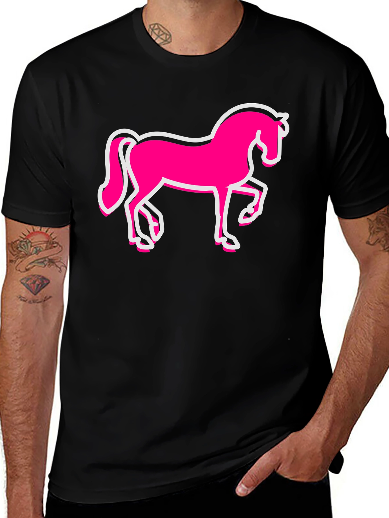 Variant 28 of Pink Horse Graphic Black T-Shirt - Men's Fashion