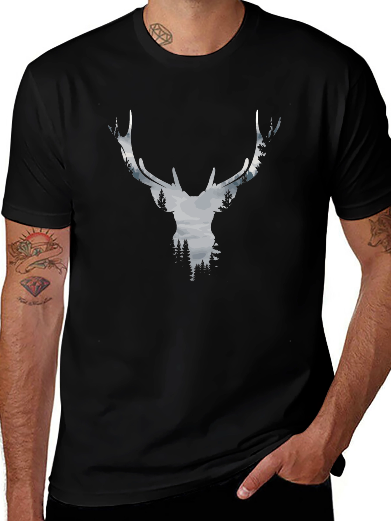 Variant 22 of Deer Forest Graphic Tee - Black Cotton Shirt