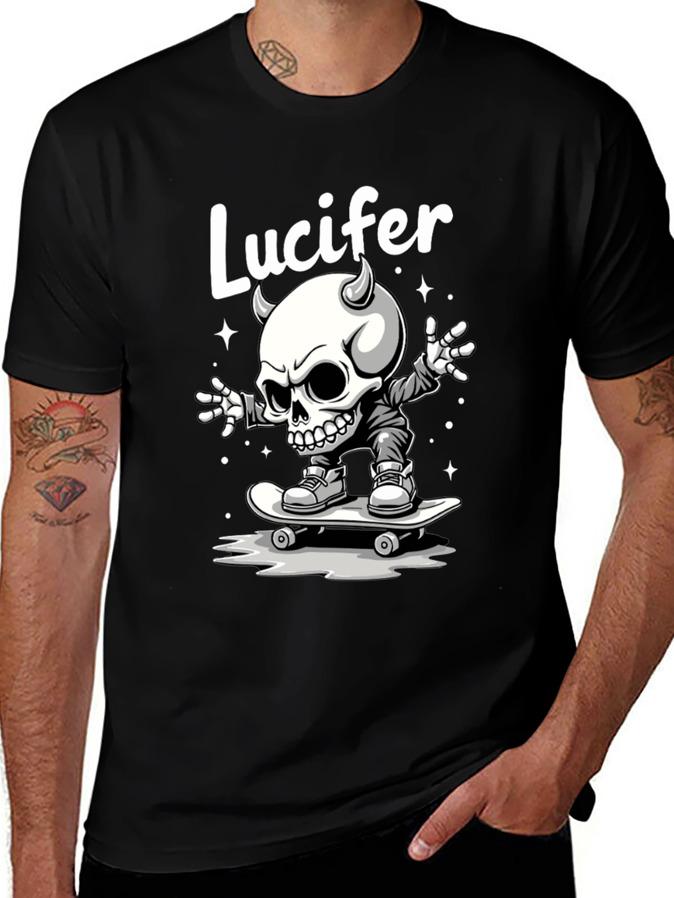 Lucifer Skateboard Skeleton Graphic Black T-Shirt