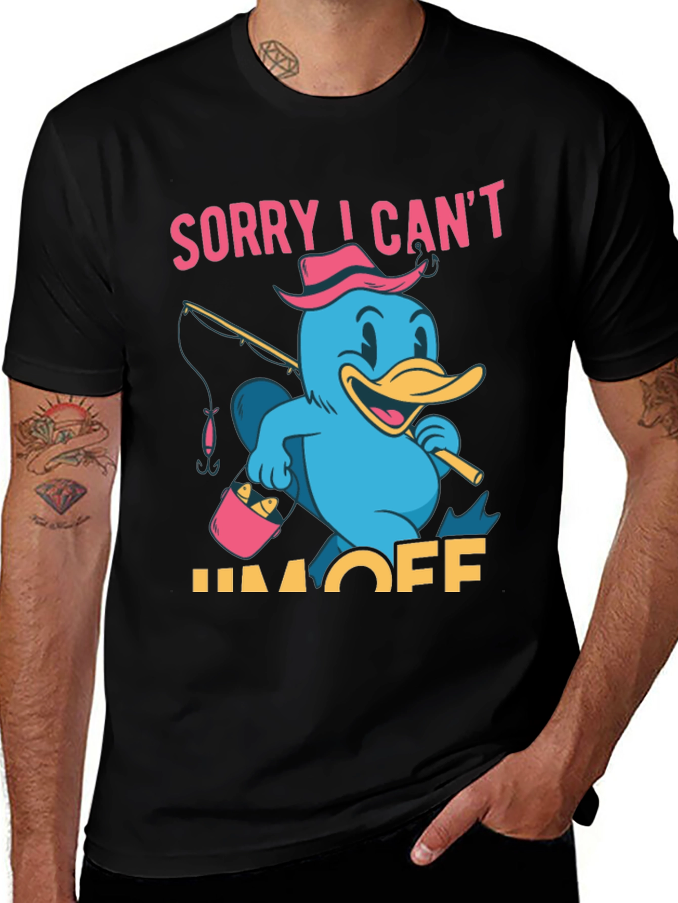 Variant 21 of Sorry I Can't I'm Off Fishing Cartoon Duck Black T-Shirt