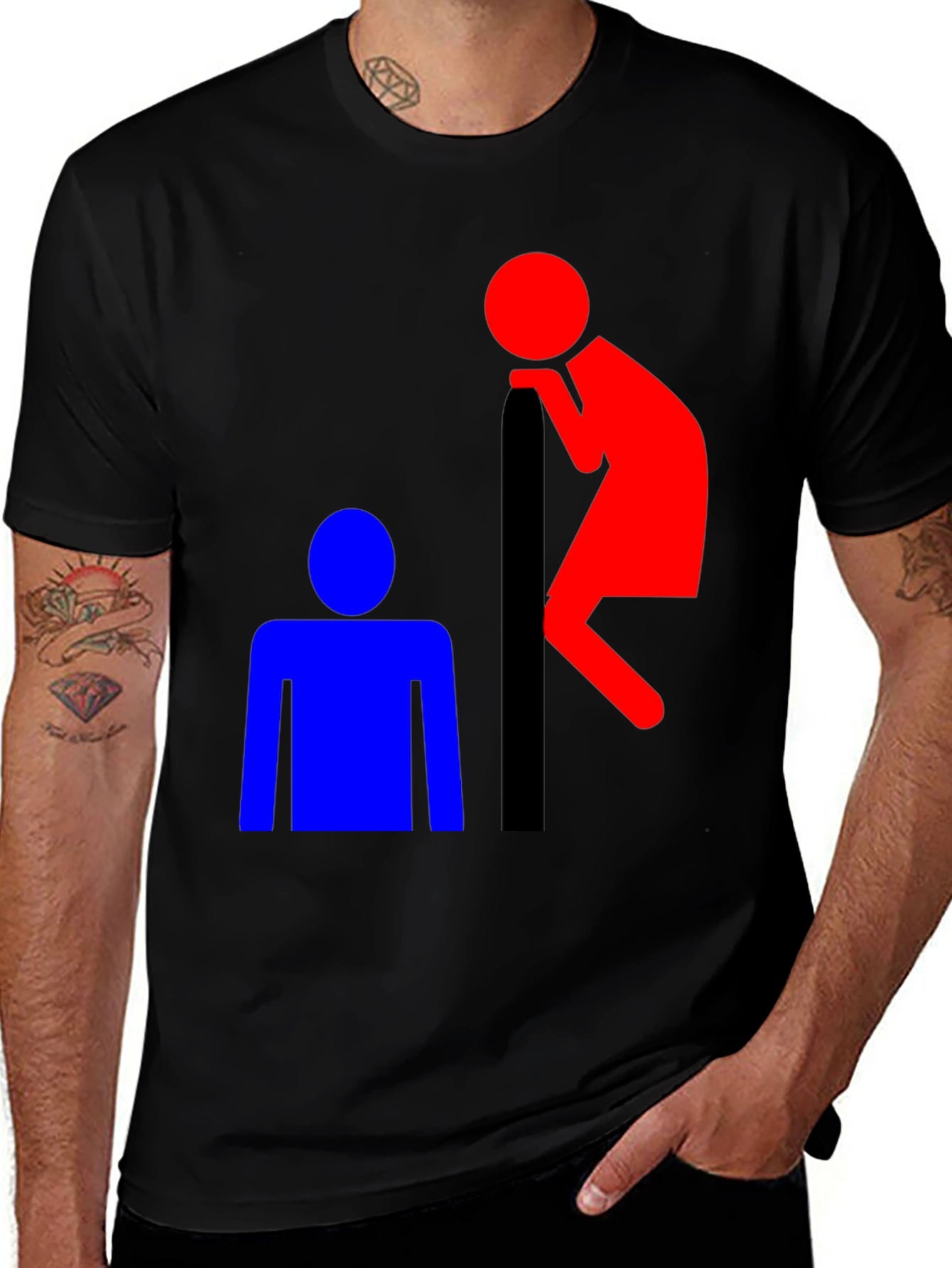 Variant 25 of Funny T-Shirt: Red Peeping Tom and Blue Figure