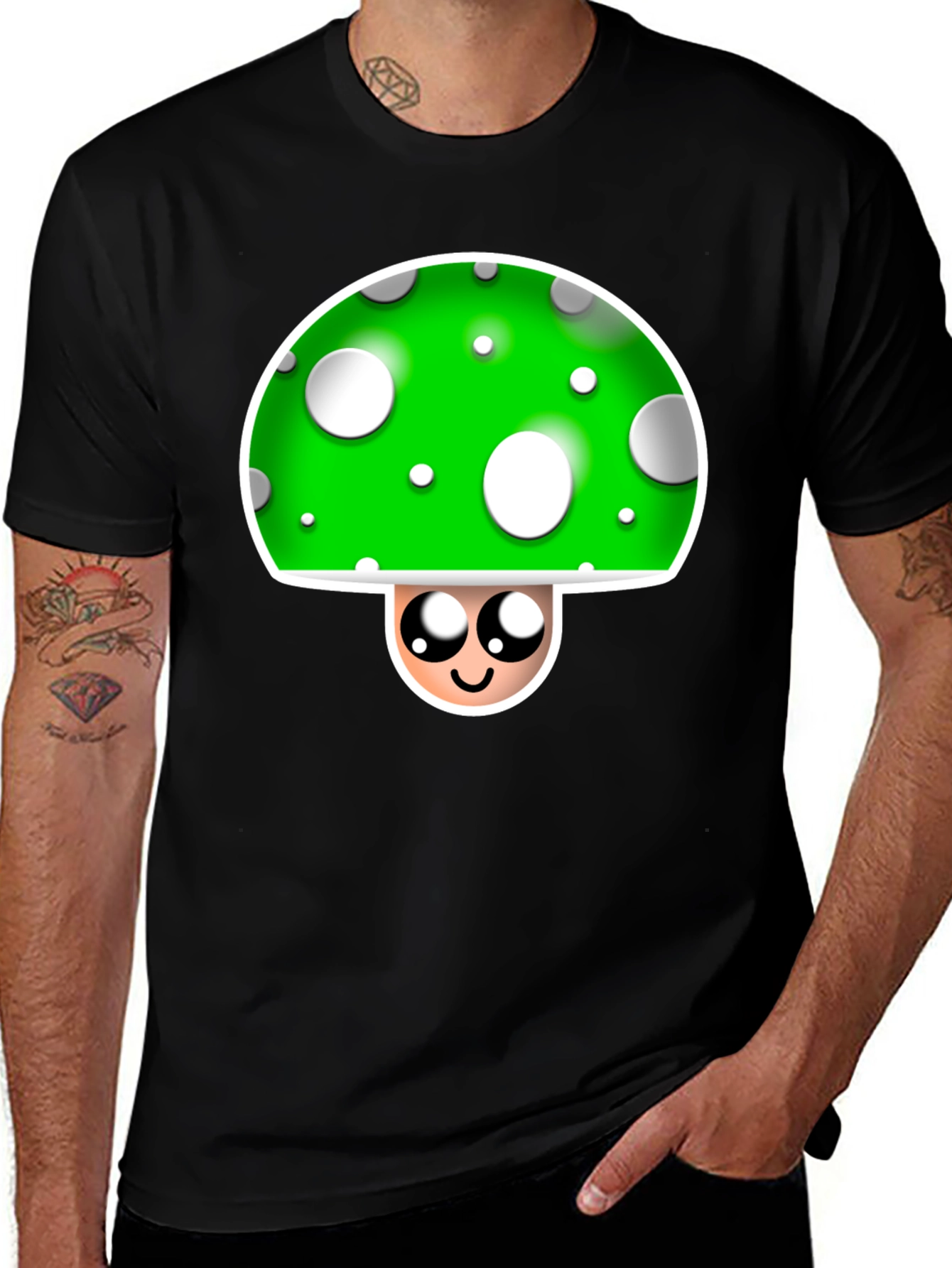 Variant 15 of Kawaii Mushroom Graphic Tee - Black Cotton T-Shirt