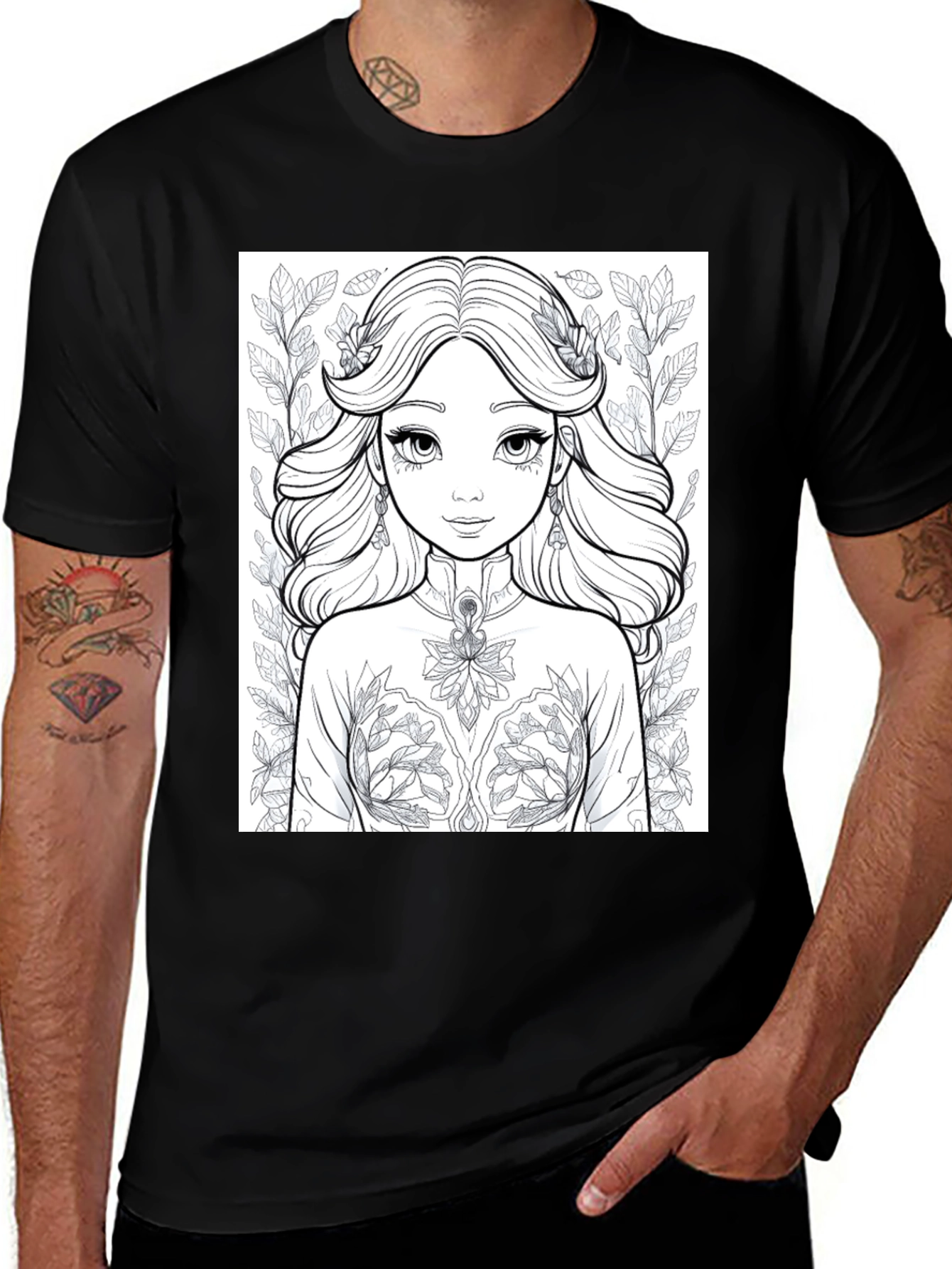 Variant 23 of Floral Princess Coloring Page Black T-Shirt