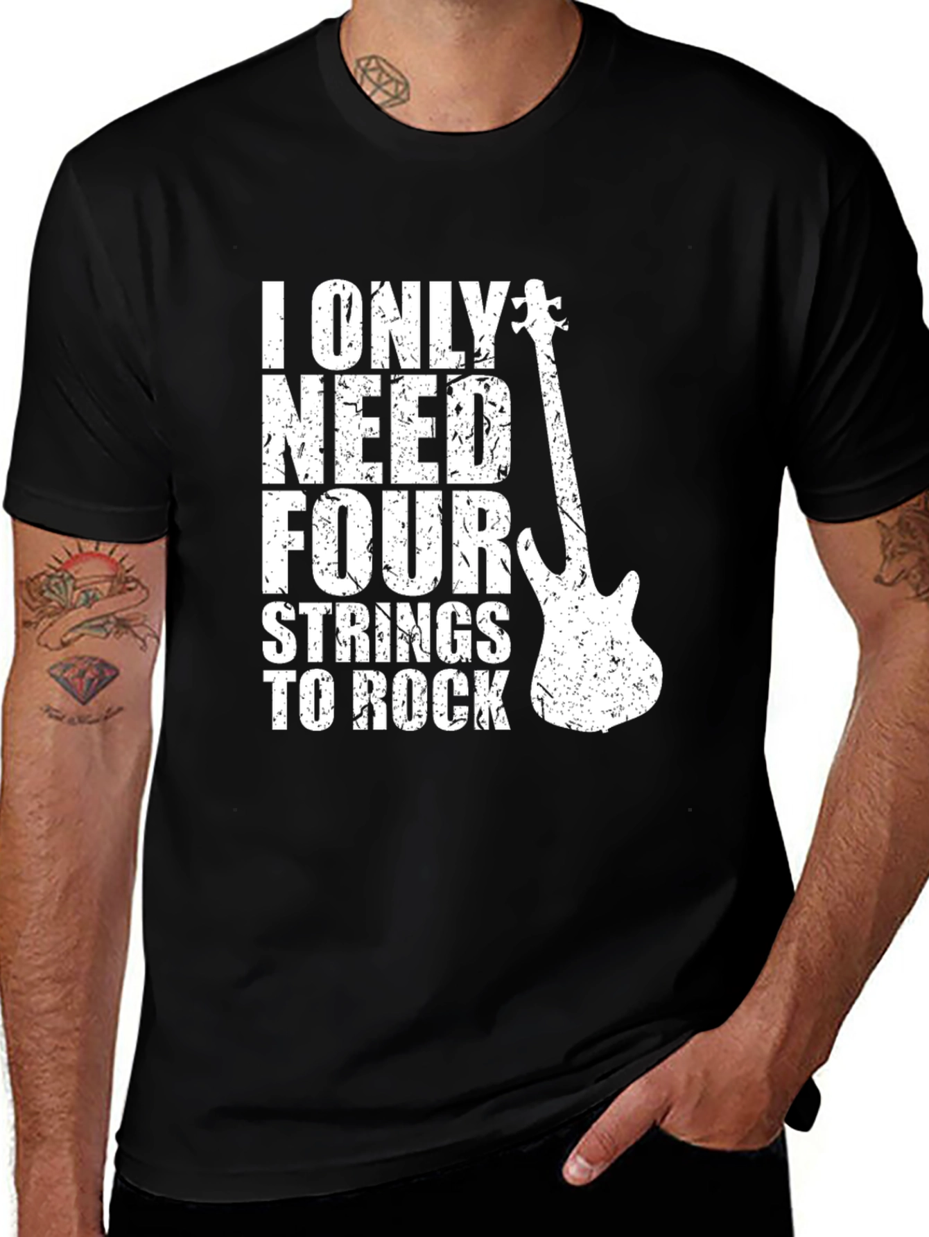 Four Strings to Rock Graphic Tee - Bass Guitar Music Shirt