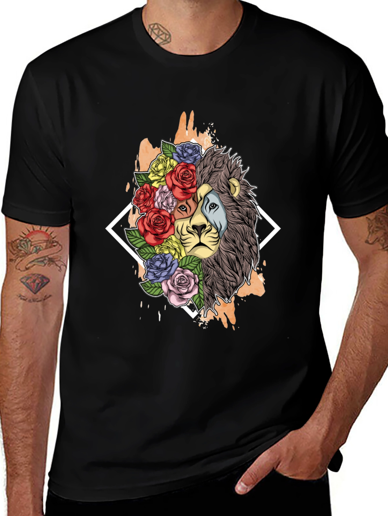 Variant 15 of Floral Lion Graphic Tee - Stylish Men's Black T-Shirt