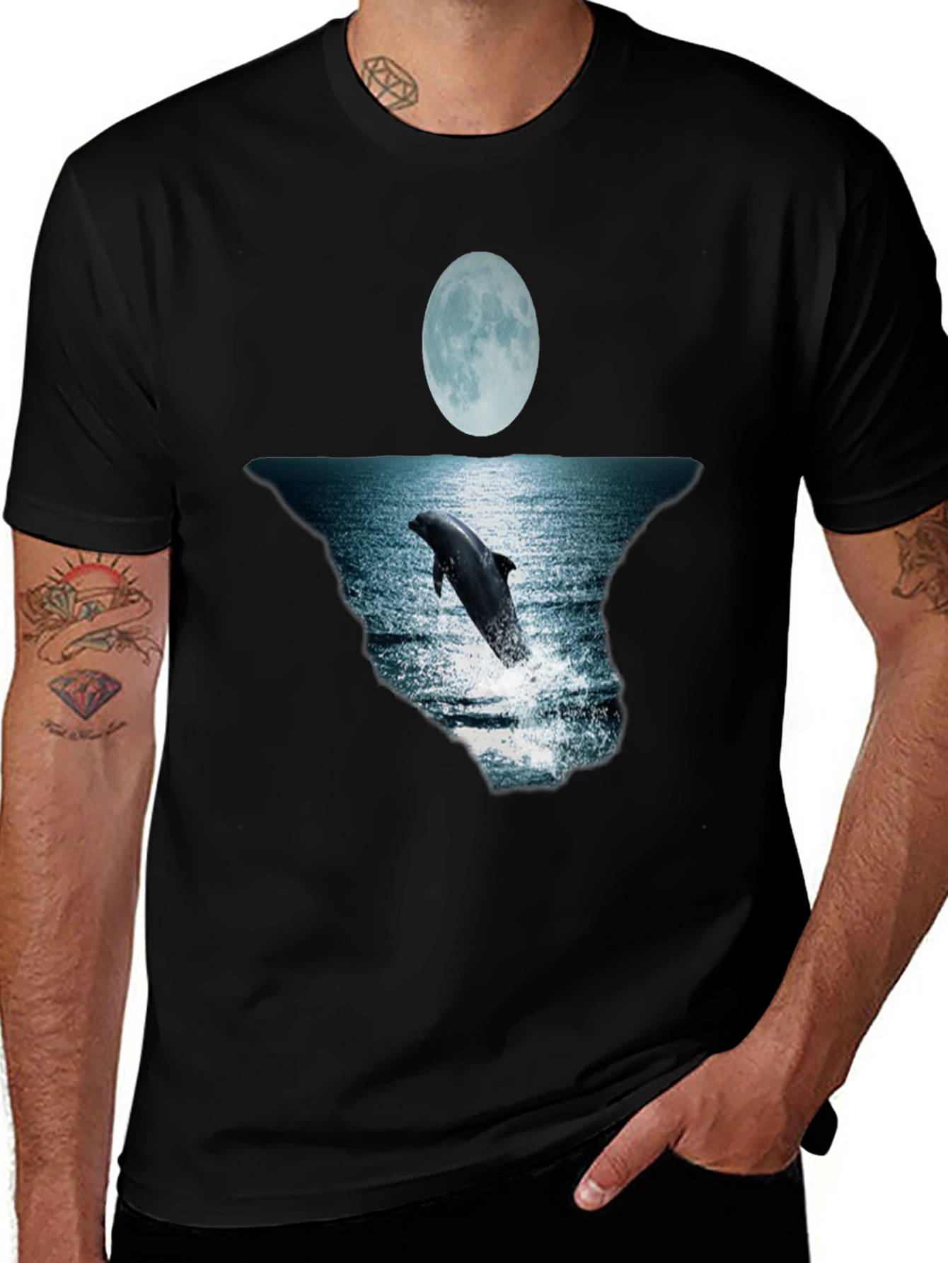 Variant 9 of Dolphin Moon Graphic Tee - Black Cotton T-Shirt