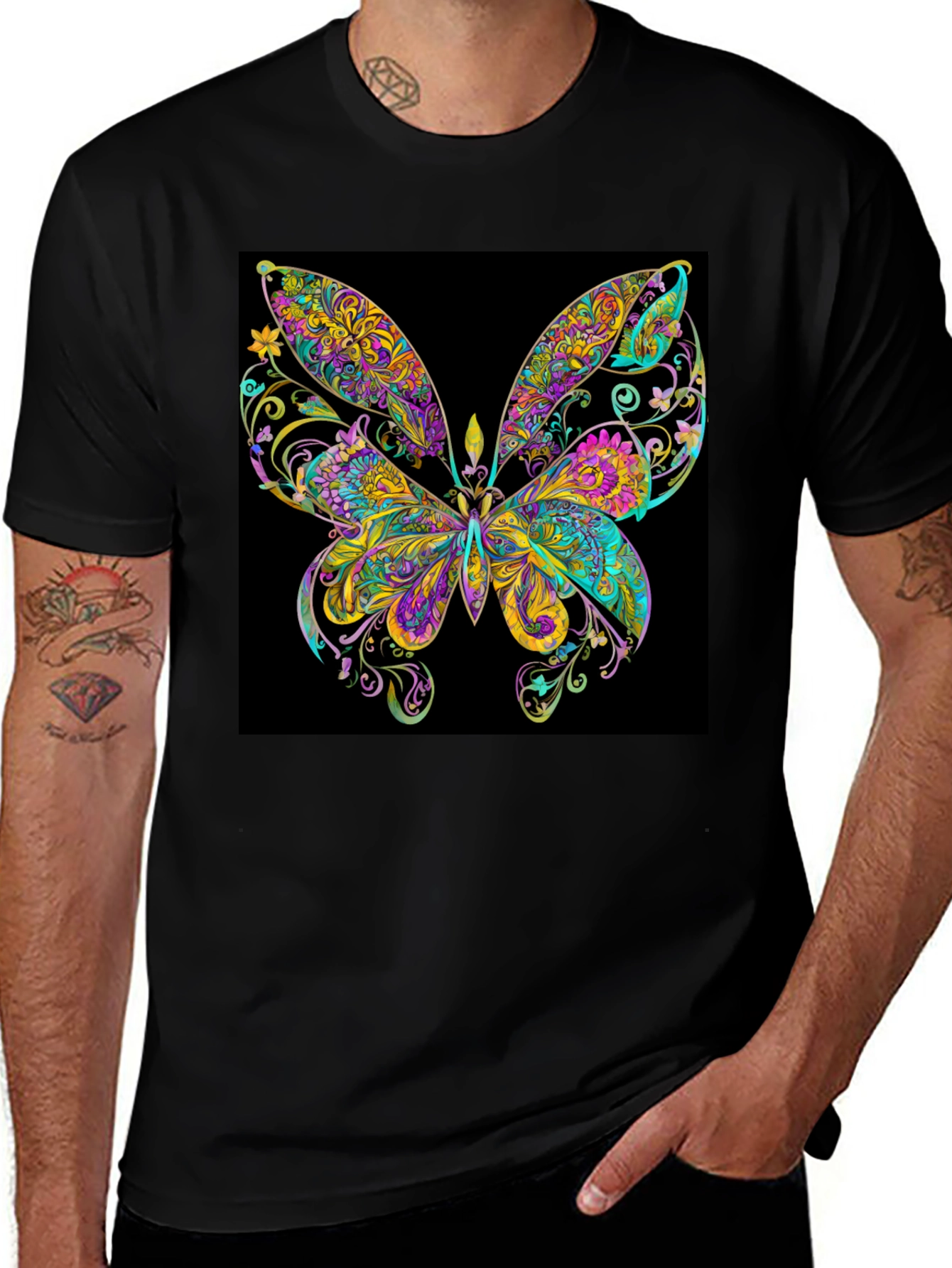 Variant 5 of Psychedelic Butterfly Graphic Black T-Shirt