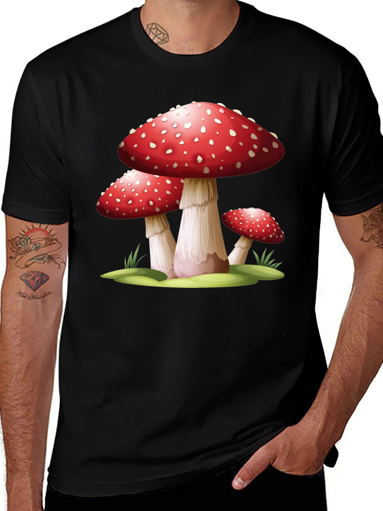 Variant 13 of Funky Mushroom Graphic Tee - Black Cotton T-Shirt