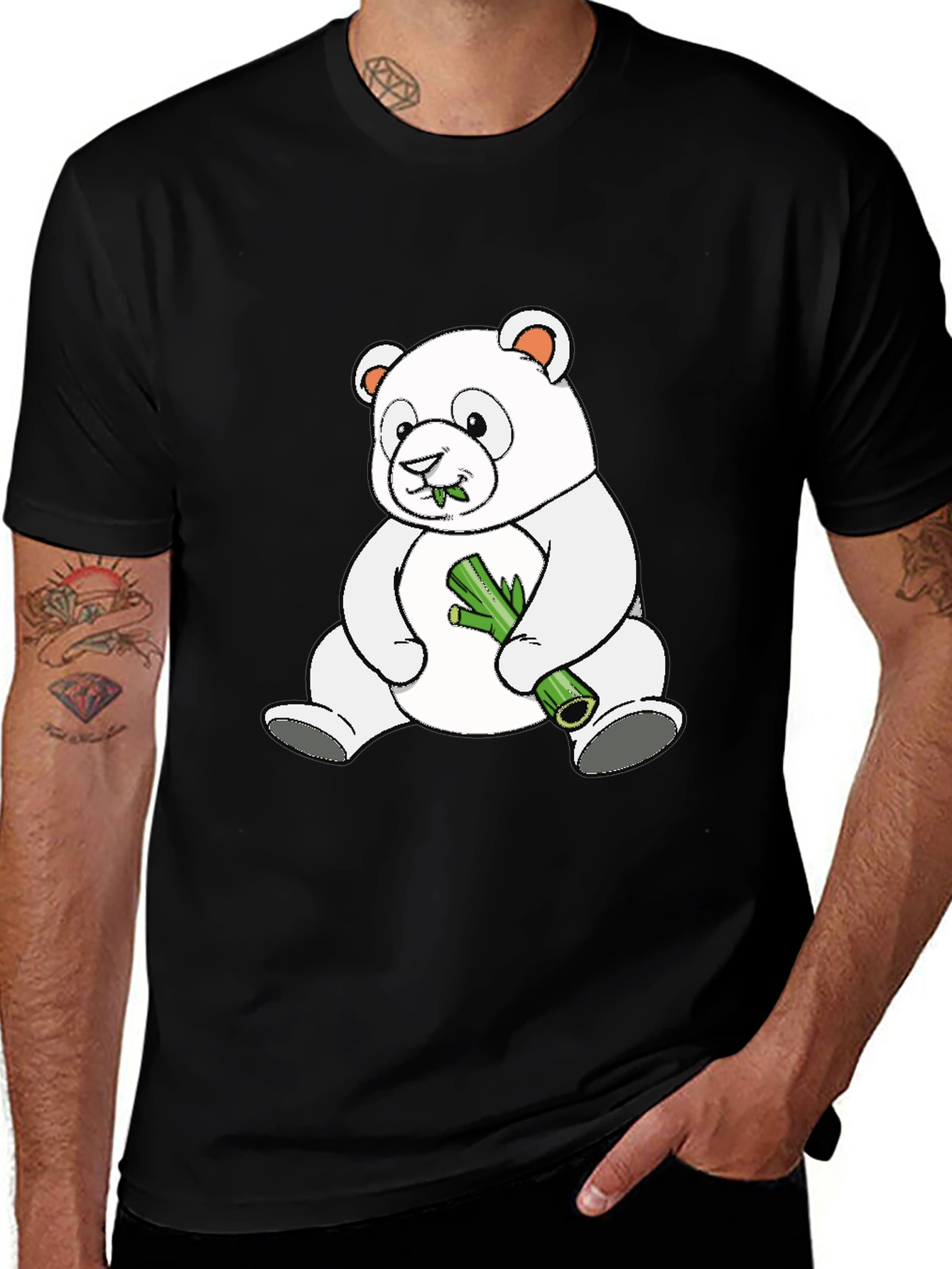 Variant 12 of Cute Panda Bear Eating Bamboo Black T-Shirt